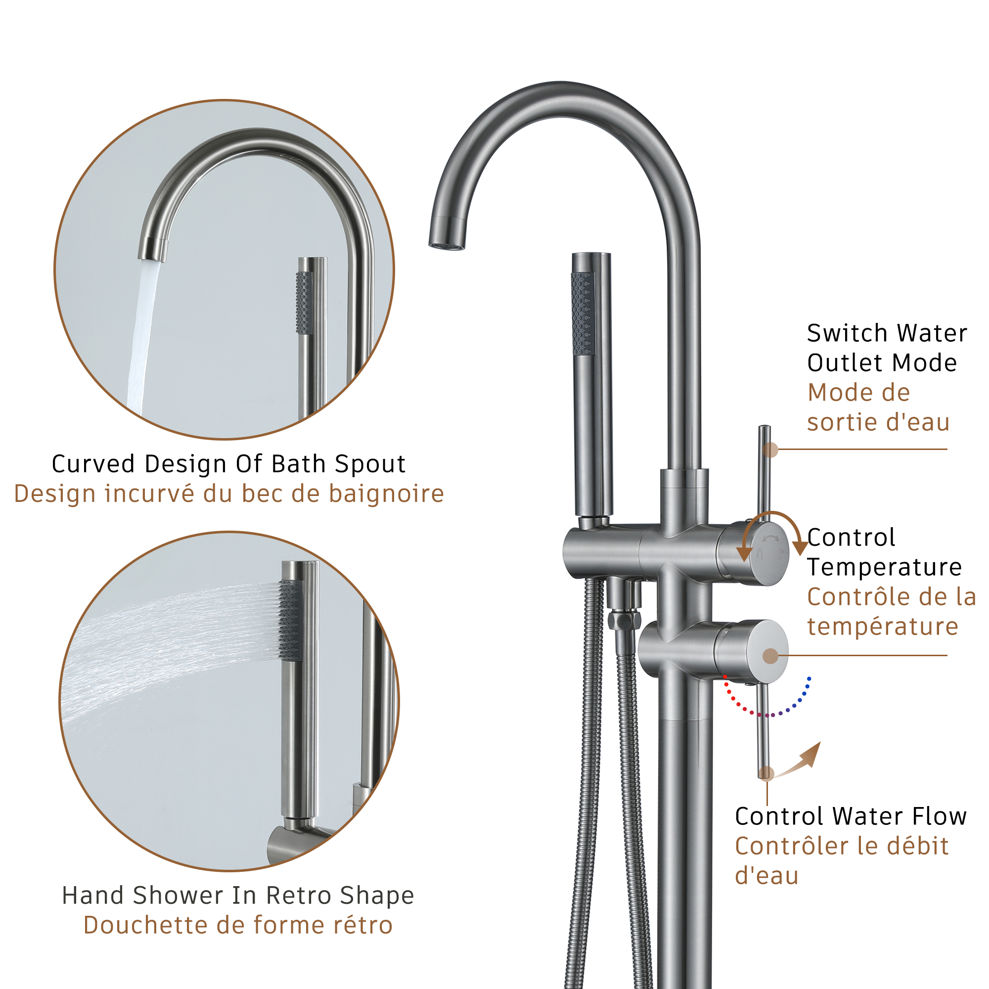 2-Handle Residentail Freestanding Bathtub Faucet with Hand Shower, Brushed Nickel/Matte Black