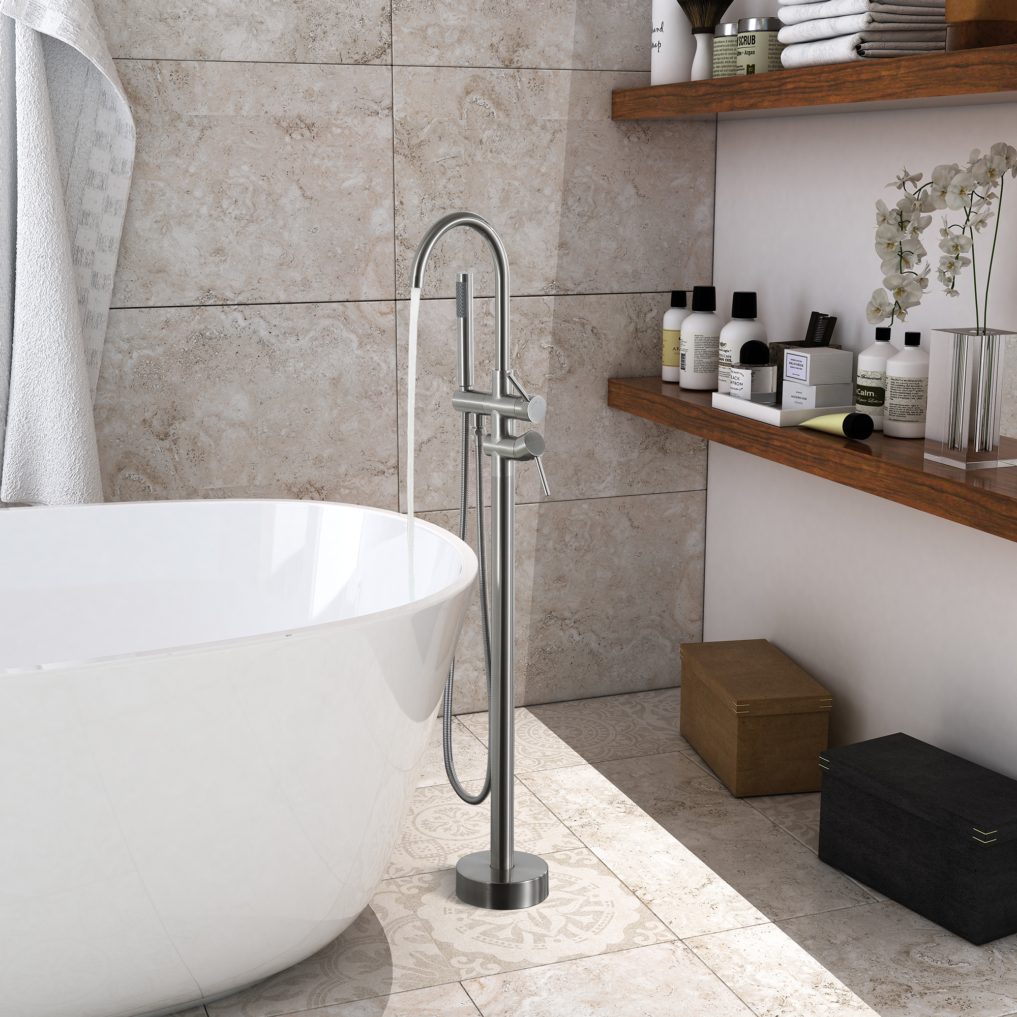 2-Handle Residentail Freestanding Bathtub Faucet with Hand Shower, Brushed Nickel/Matte Black