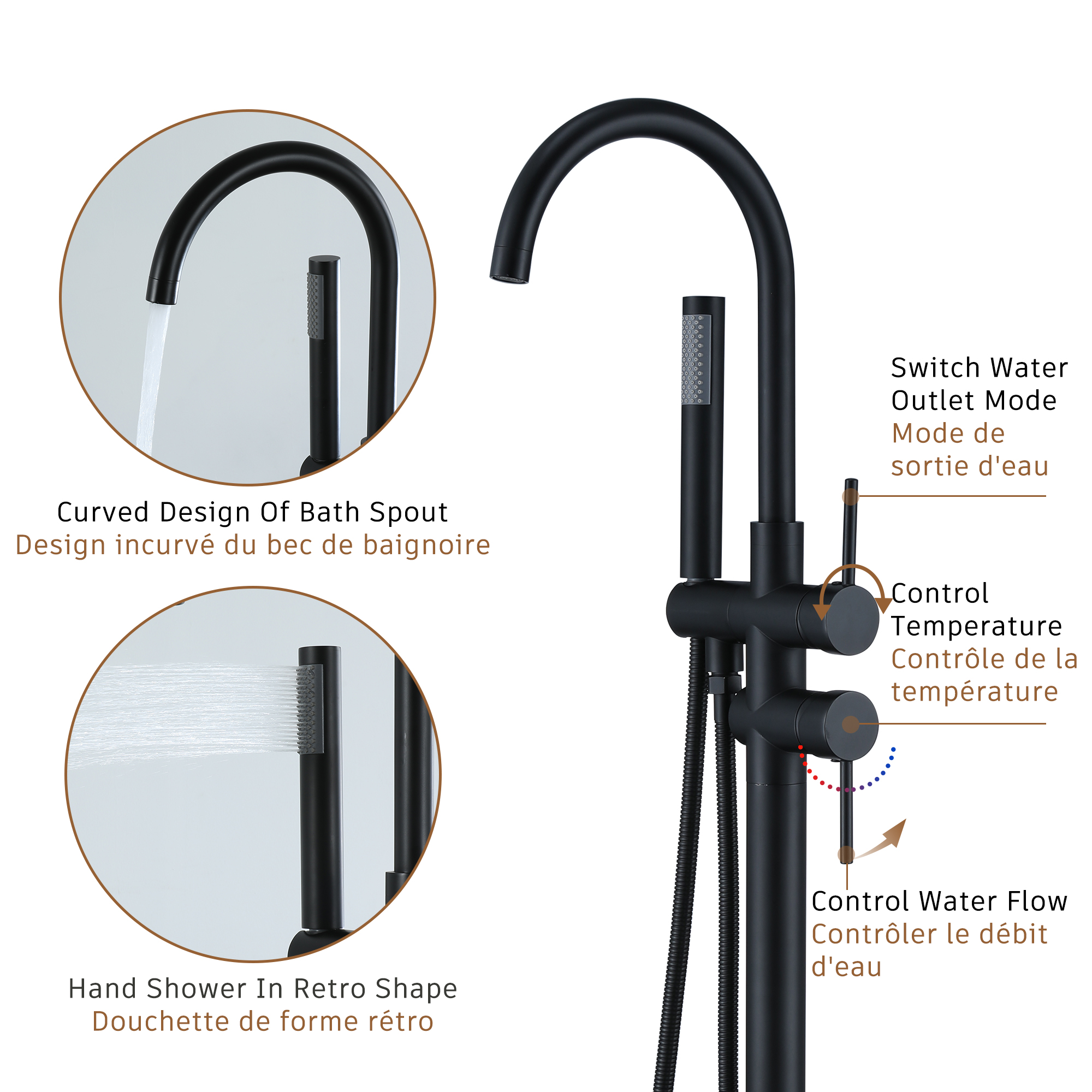 2-Handle Residentail Freestanding Bathtub Faucet with Hand Shower, Brushed Nickel/Matte Black