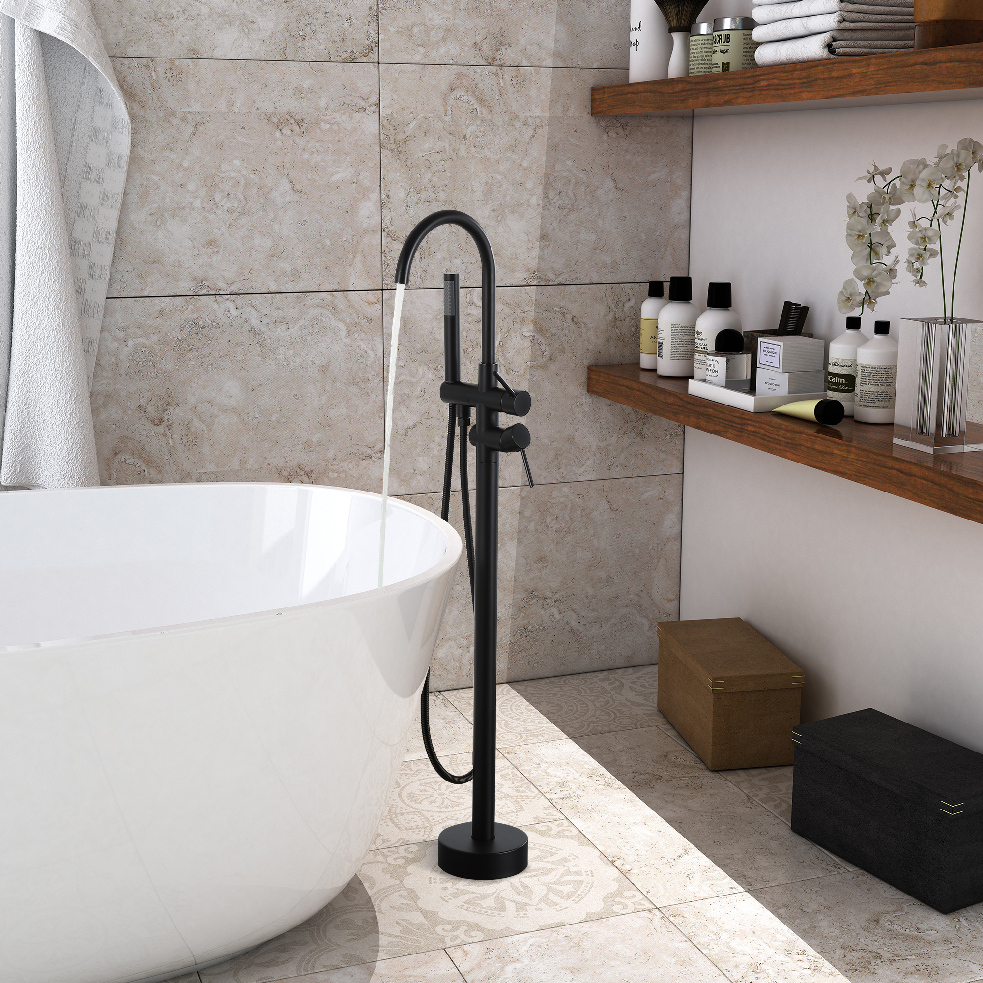 2-Handle Residentail Freestanding Bathtub Faucet with Hand Shower, Brushed Nickel/Matte Black
