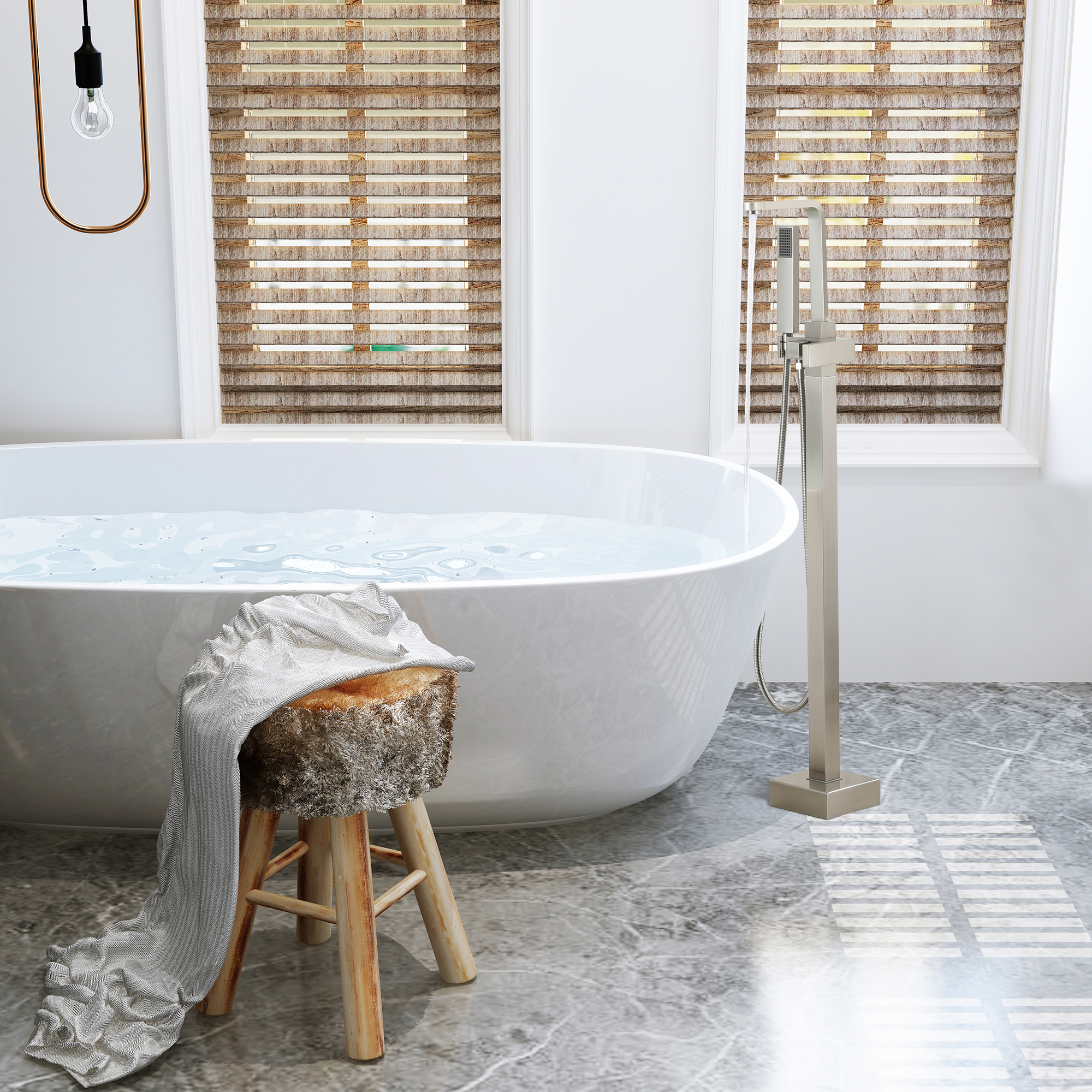 Single-Handle Free-Standing Tub Faucet with Rectangle Hand Shower in Brushed Brass/Brushed Nickel/Oil Rubbed Bronze/Matte Black