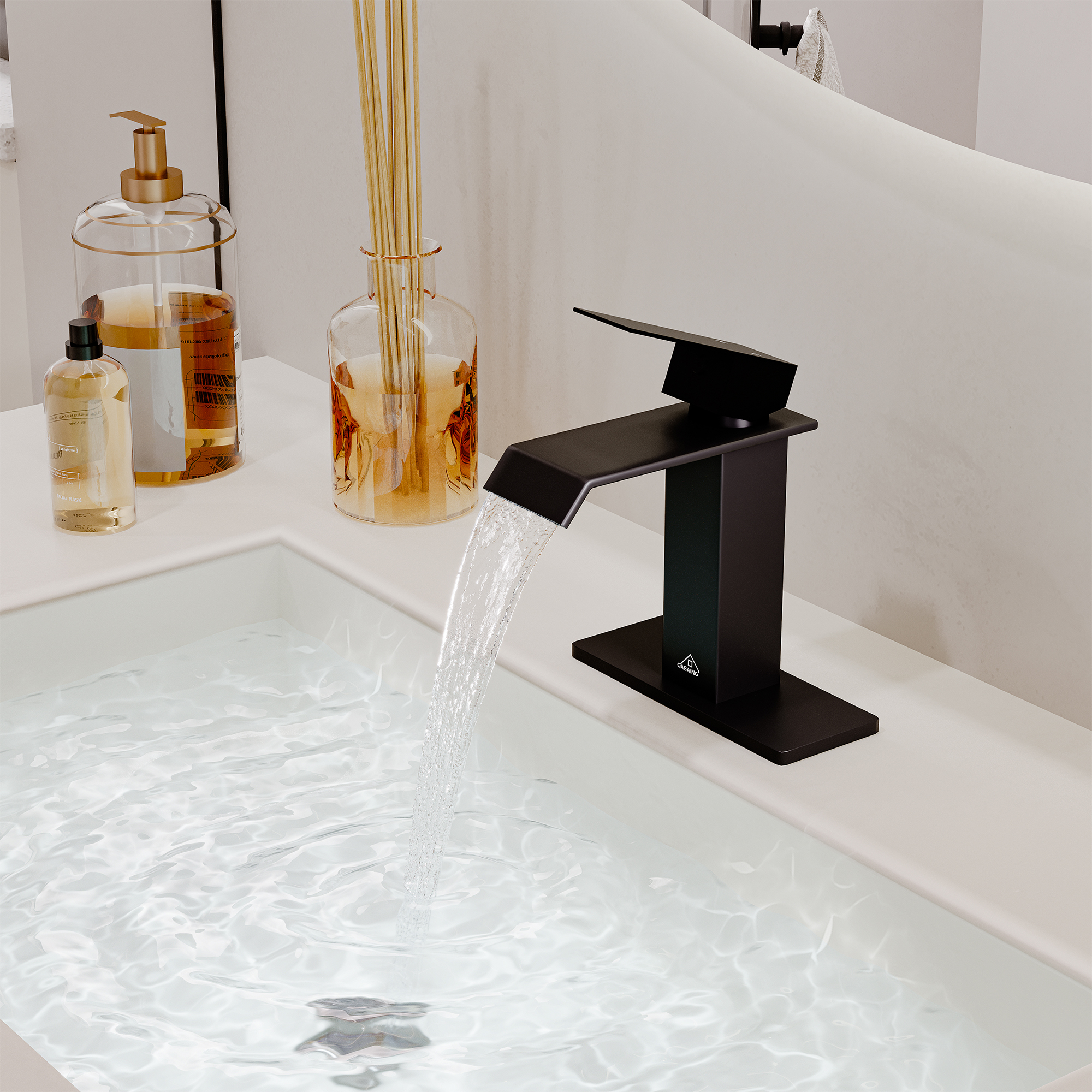 Single Handle Single Hole Bathroom Vanity Sink Waterfall Spout Bathroom Faucet in Matte Black