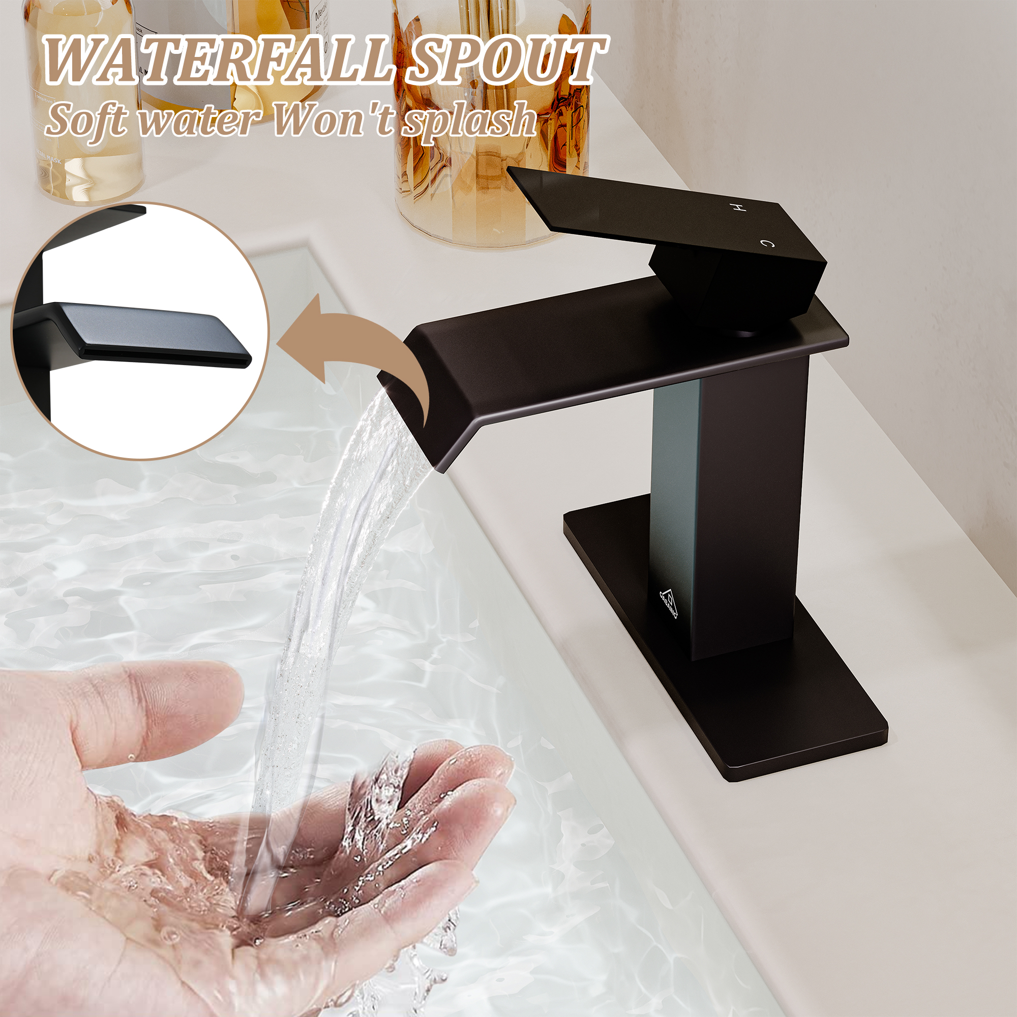 Single Handle Single Hole Bathroom Vanity Sink Waterfall Spout Bathroom Faucet in Matte Black