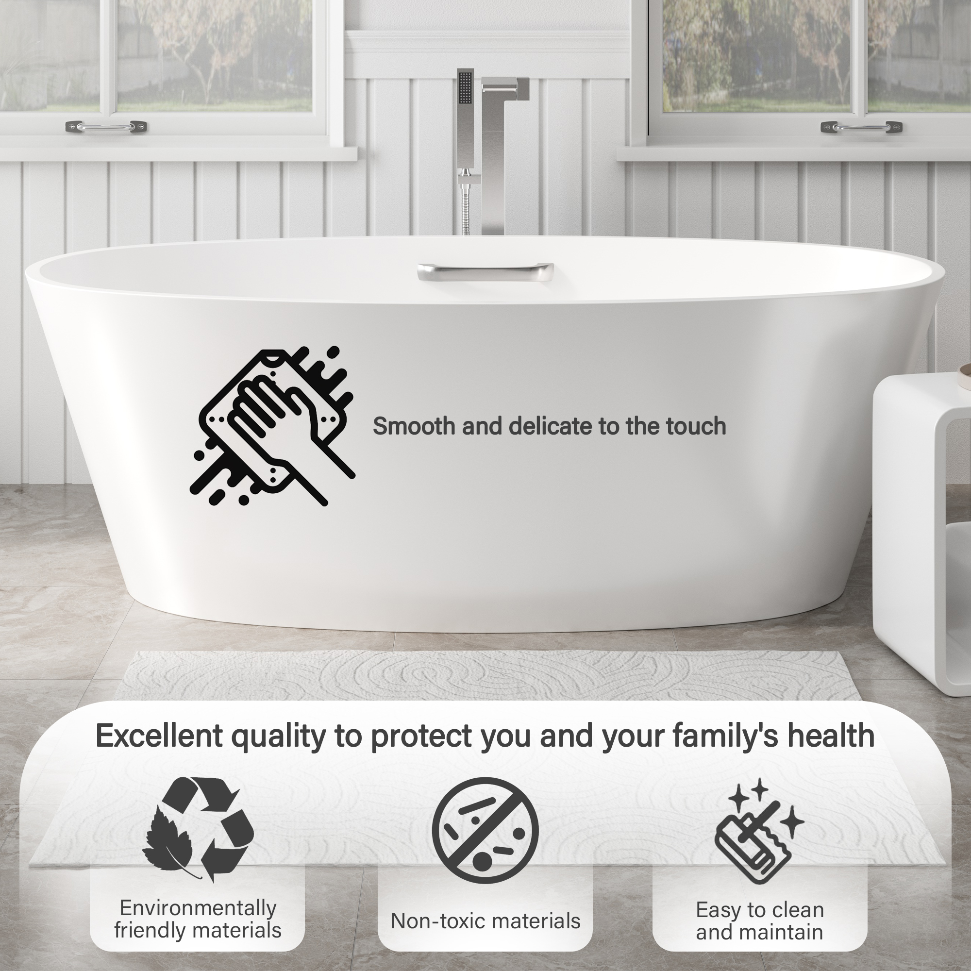 63" Matte White Solid Surface Freestanding Soaking Bathtub with One-Side Armrest