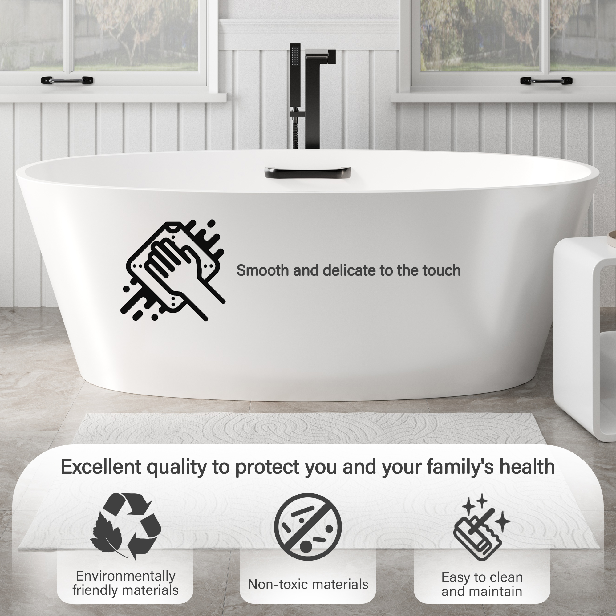 63" Matte White Solid Surface Freestanding Soaking Bathtub with One-Side Armrest