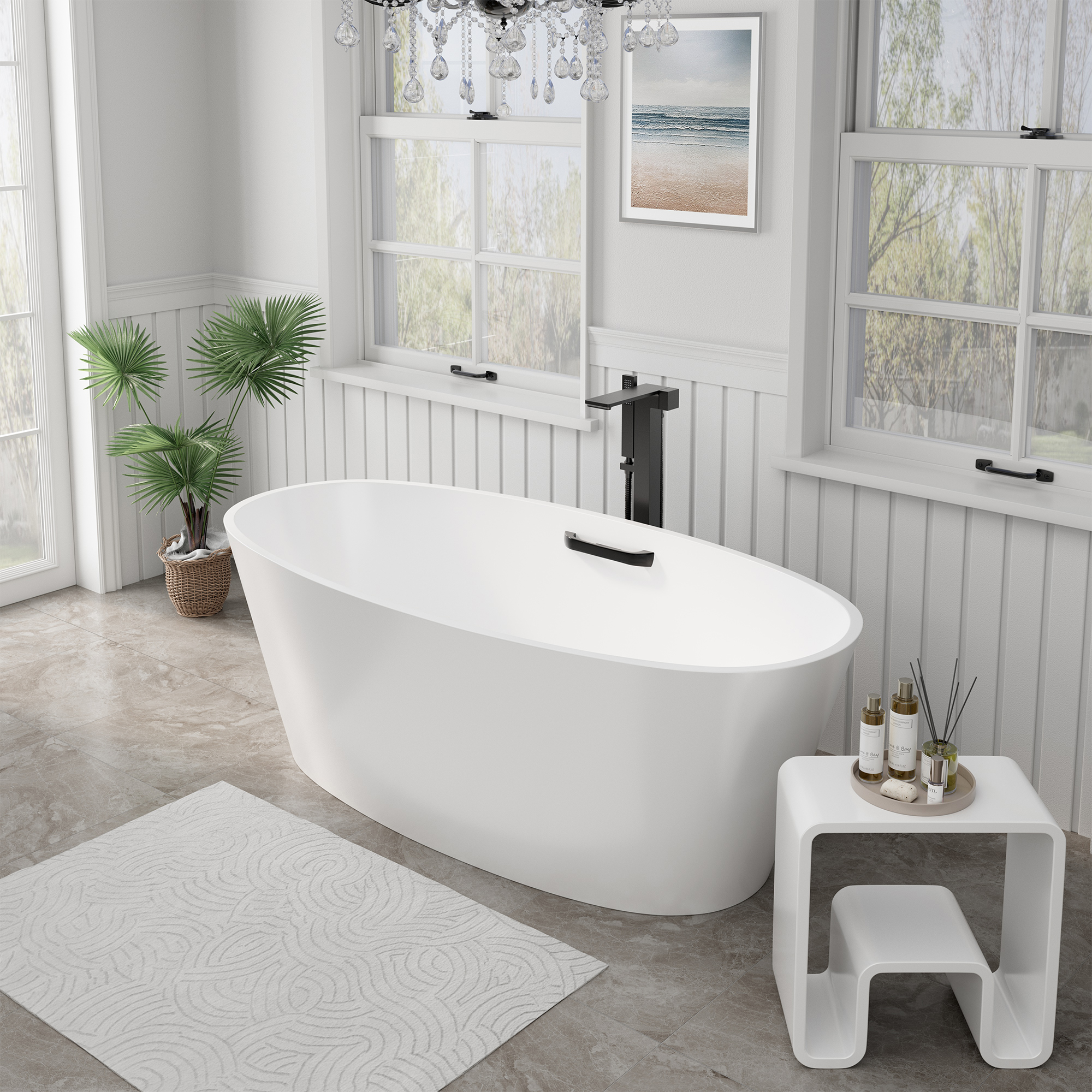 63" Matte White Solid Surface Freestanding Soaking Bathtub with One-Side Armrest