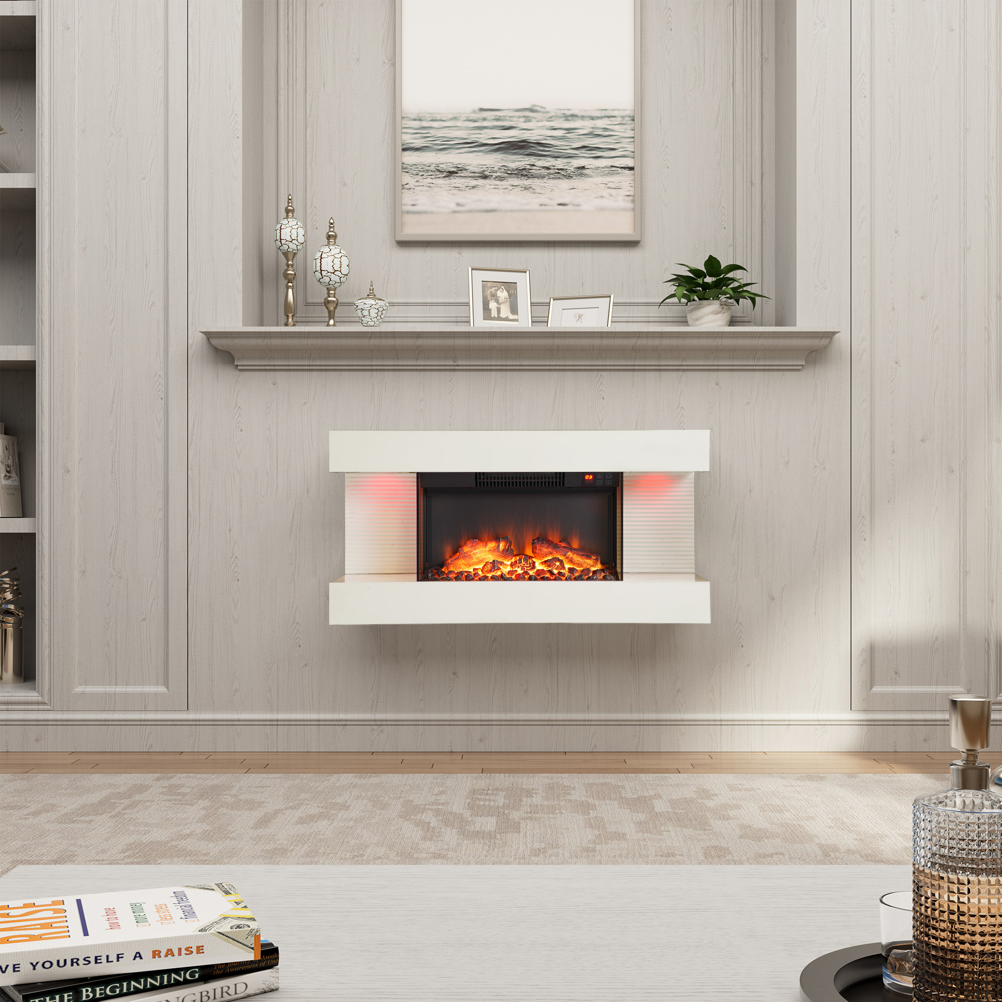 32-inch Wall Mounted Hanging Electric Fireplace with Remote Control in Black
