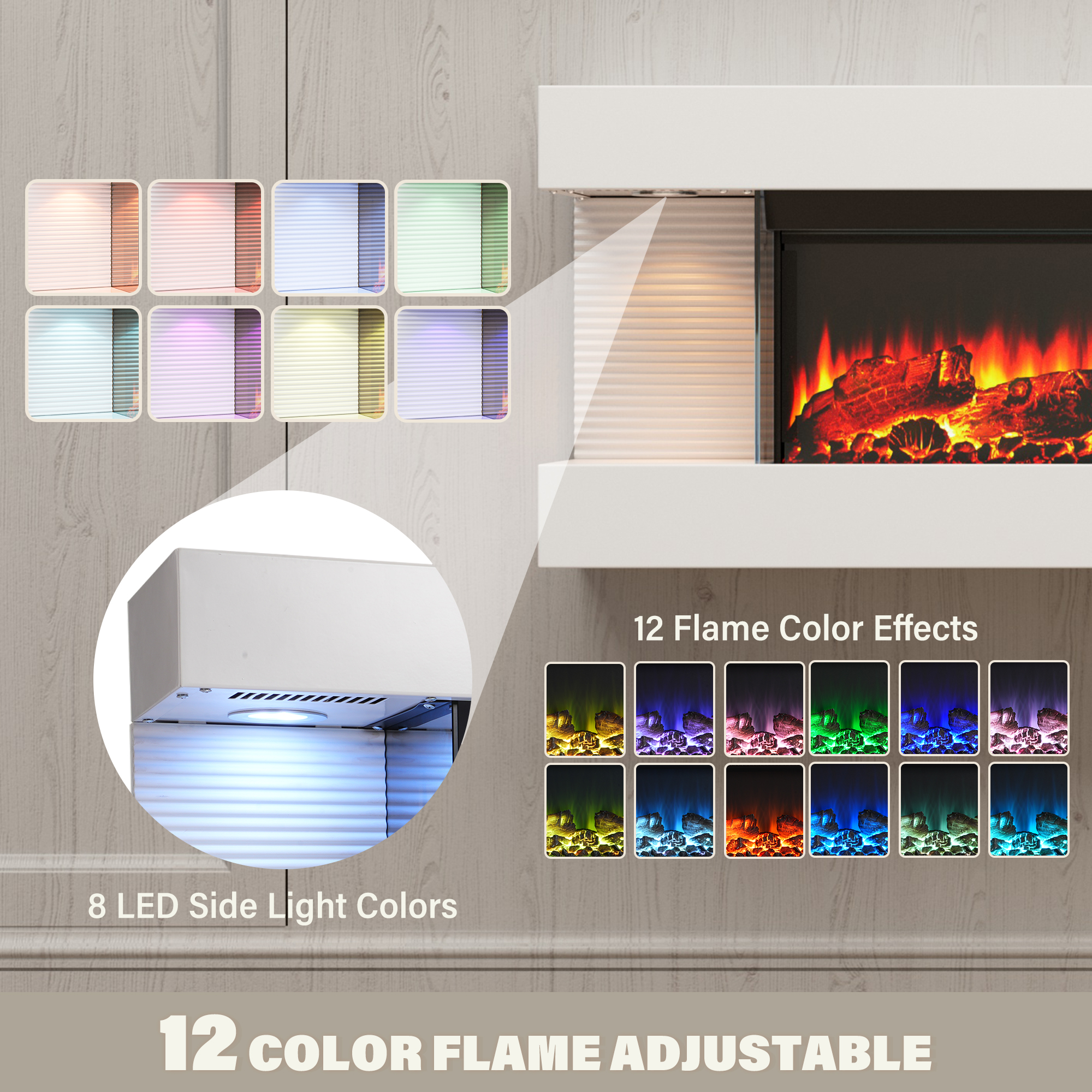 50-inch Wall Mounted Hanging Electric Fireplace with Remote Control in Black