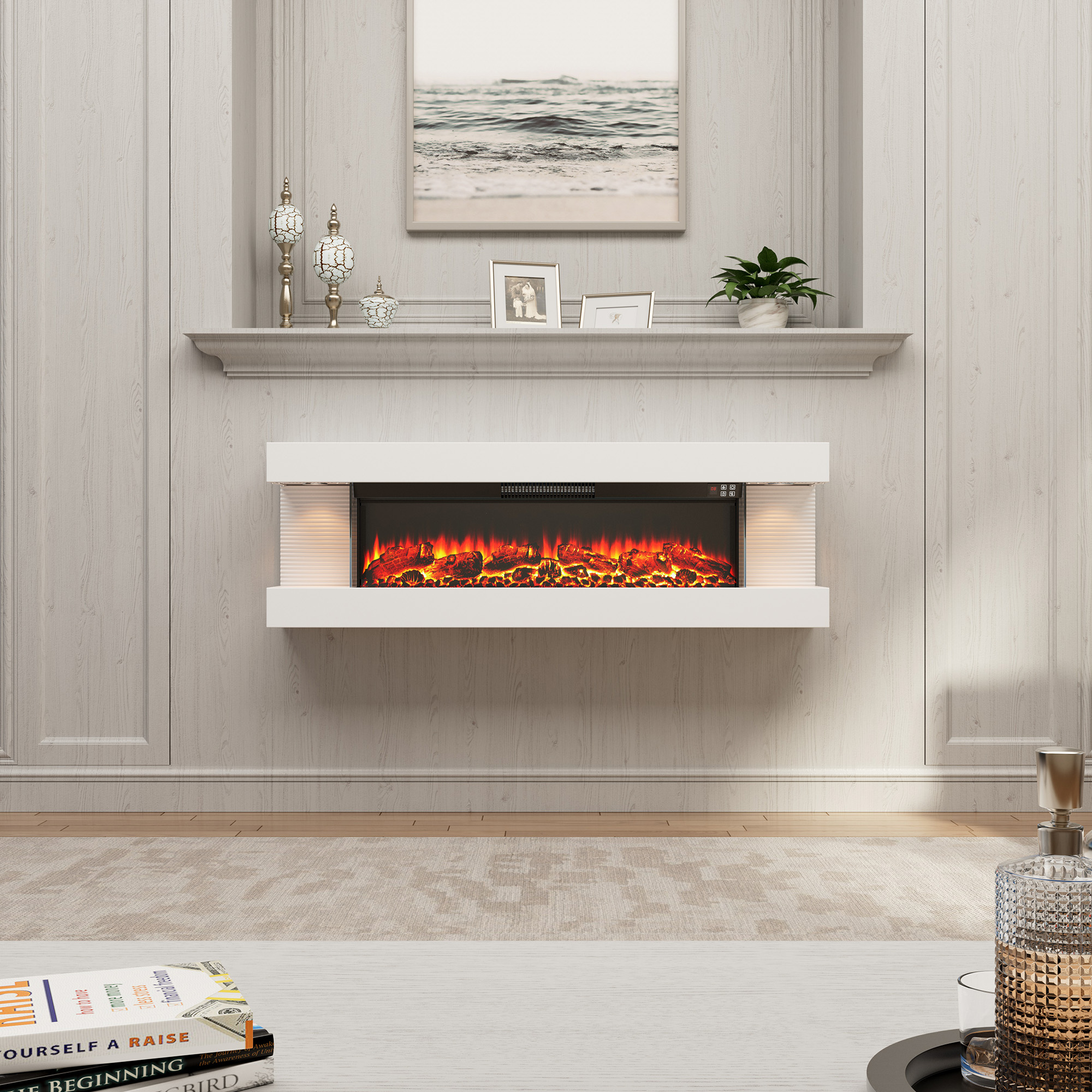 50-inch Wall Mounted Hanging Electric Fireplace with Remote Control in Black