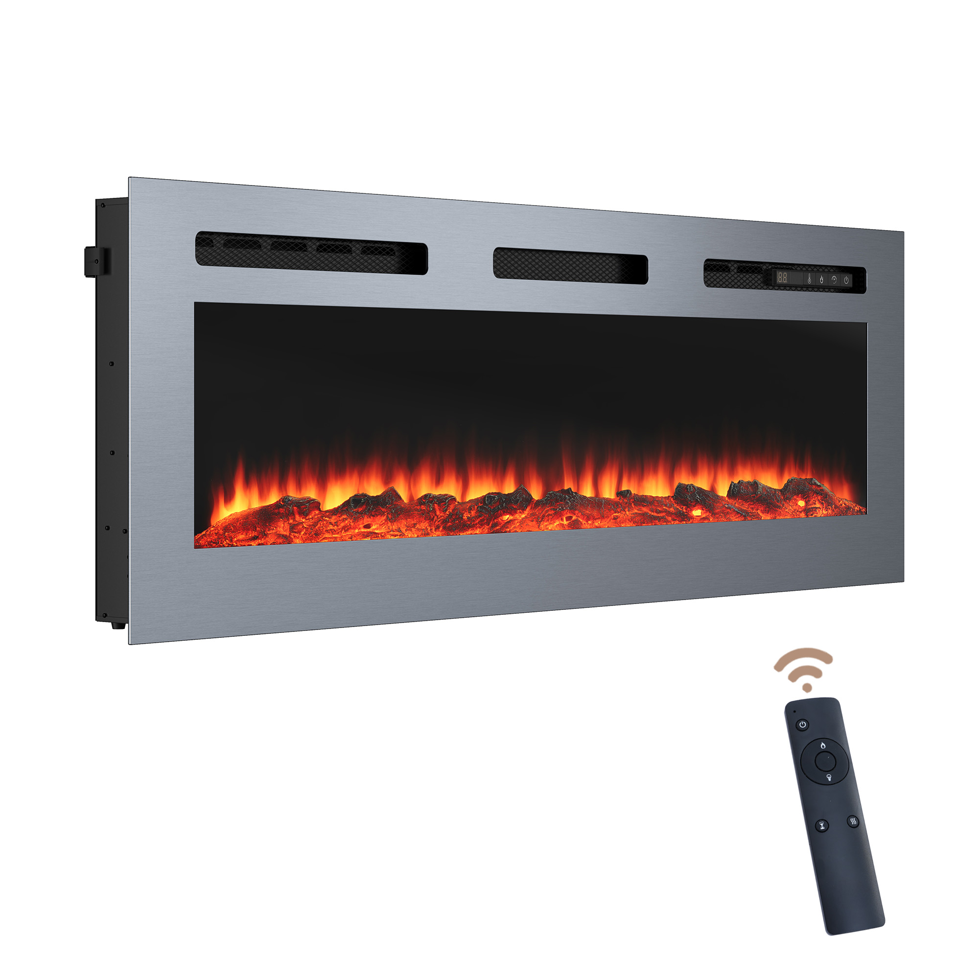 50 in. Wall Mounted and Recessed Electric Fireplace Insert with Stainless Steel Surface and 12 Flame Colors