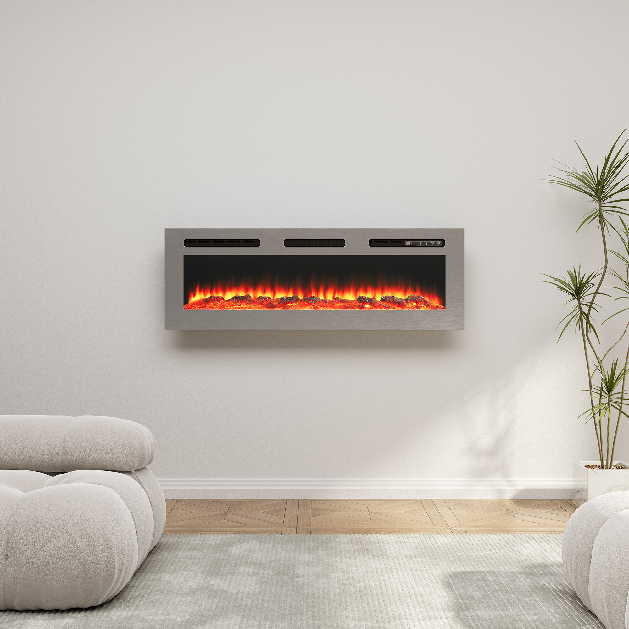 50 in. Wall Mounted and Recessed Electric Fireplace Insert with Stainless Steel Surface and 12 Flame Colors
