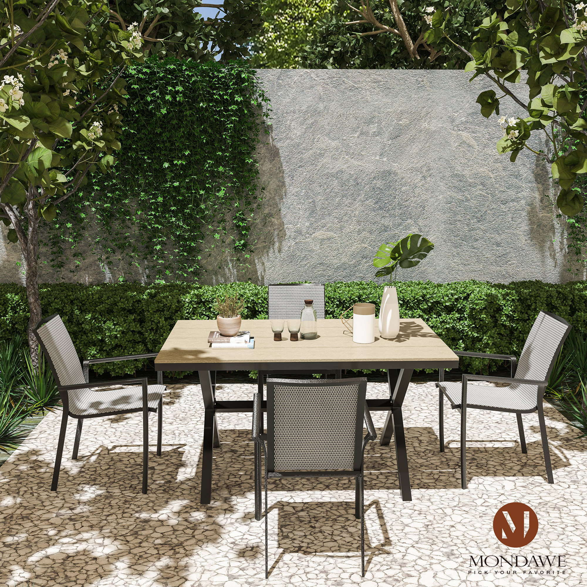 Mondawe Black Rectangular Outdoor Dining Table with Imitation Wood Grain-Mondawe