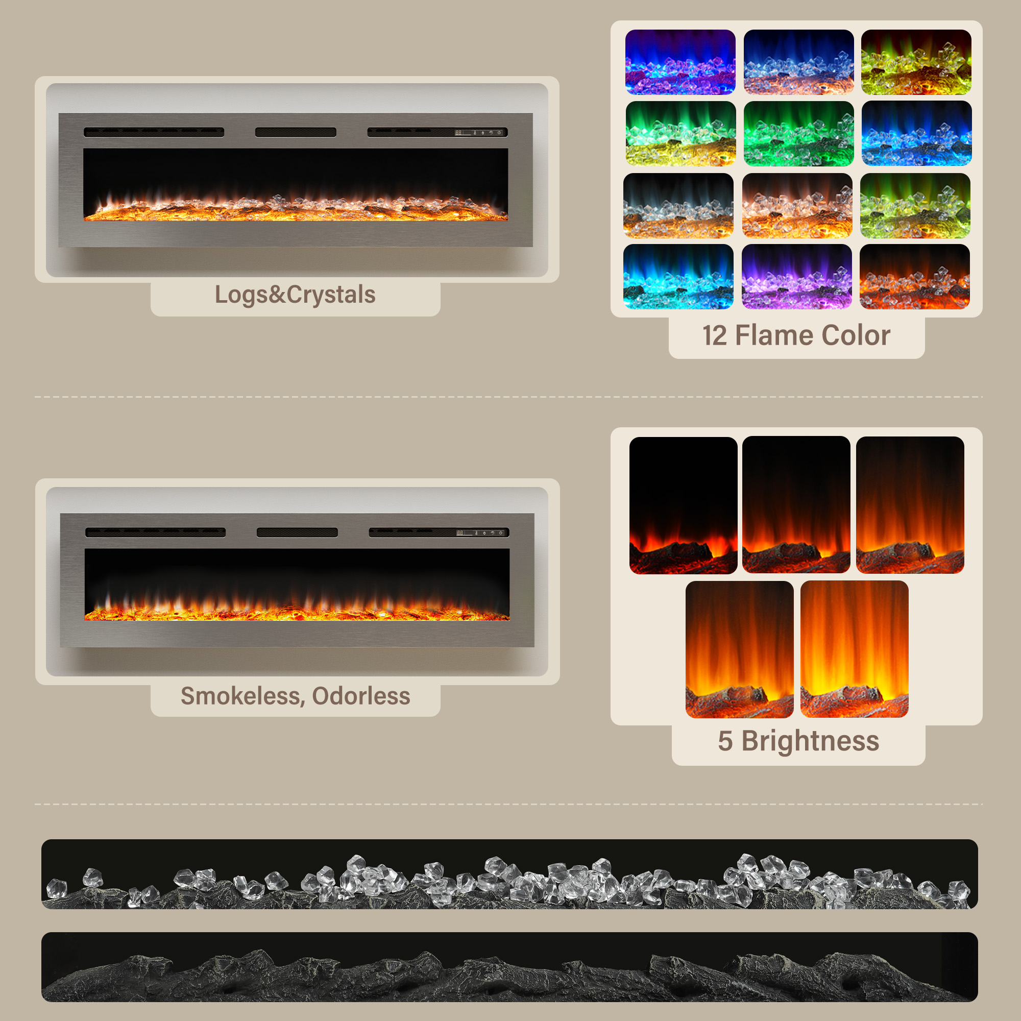 60 in. Wall Mounted and Recessed Electric Fireplace Insert with Stainless Steel Surface and 12 Flame Colors