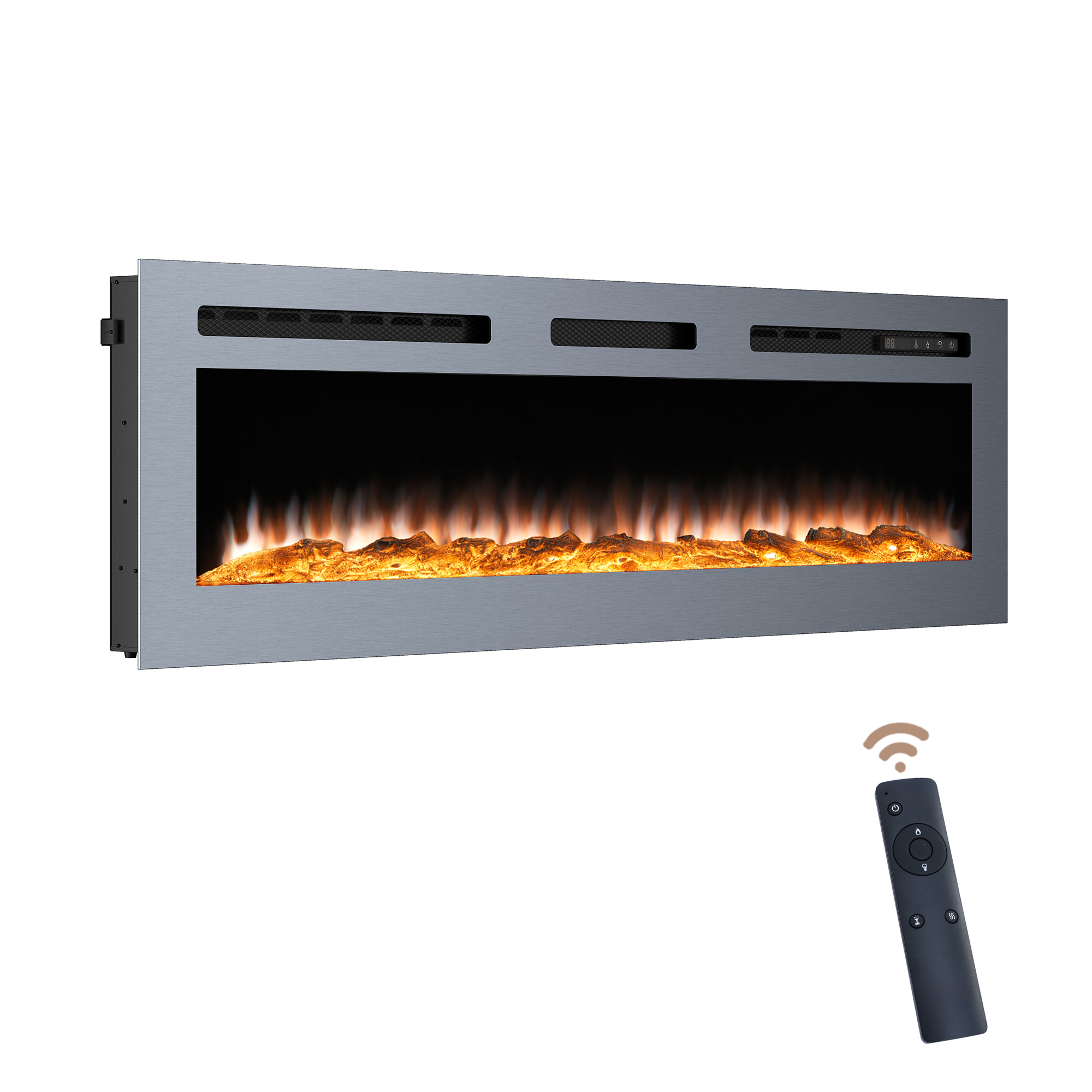 60 in. Wall Mounted and Recessed Electric Fireplace Insert with Stainless Steel Surface and 12 Flame Colors