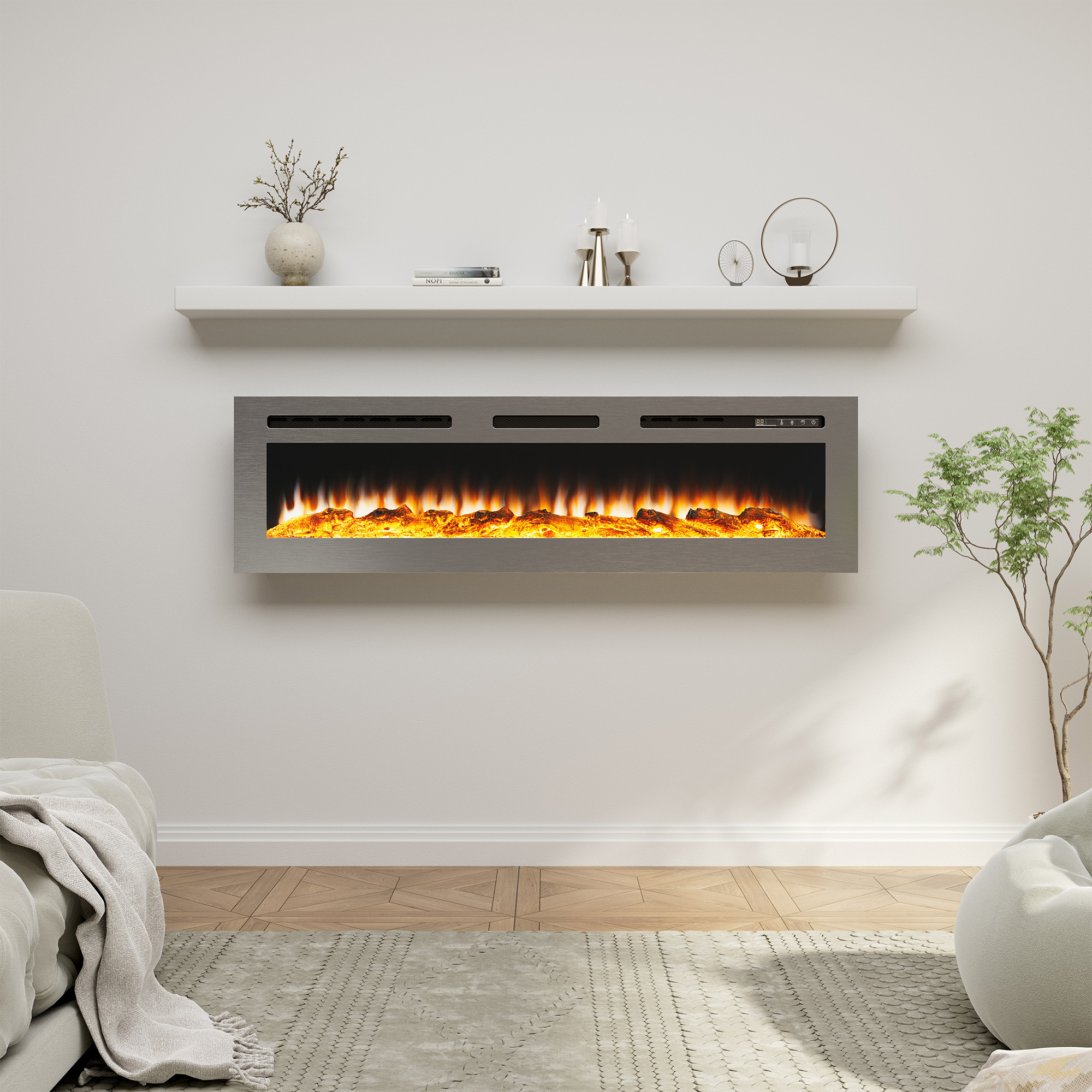 60 in. Wall Mounted and Recessed Electric Fireplace Insert with Stainless Steel Surface and 12 Flame Colors