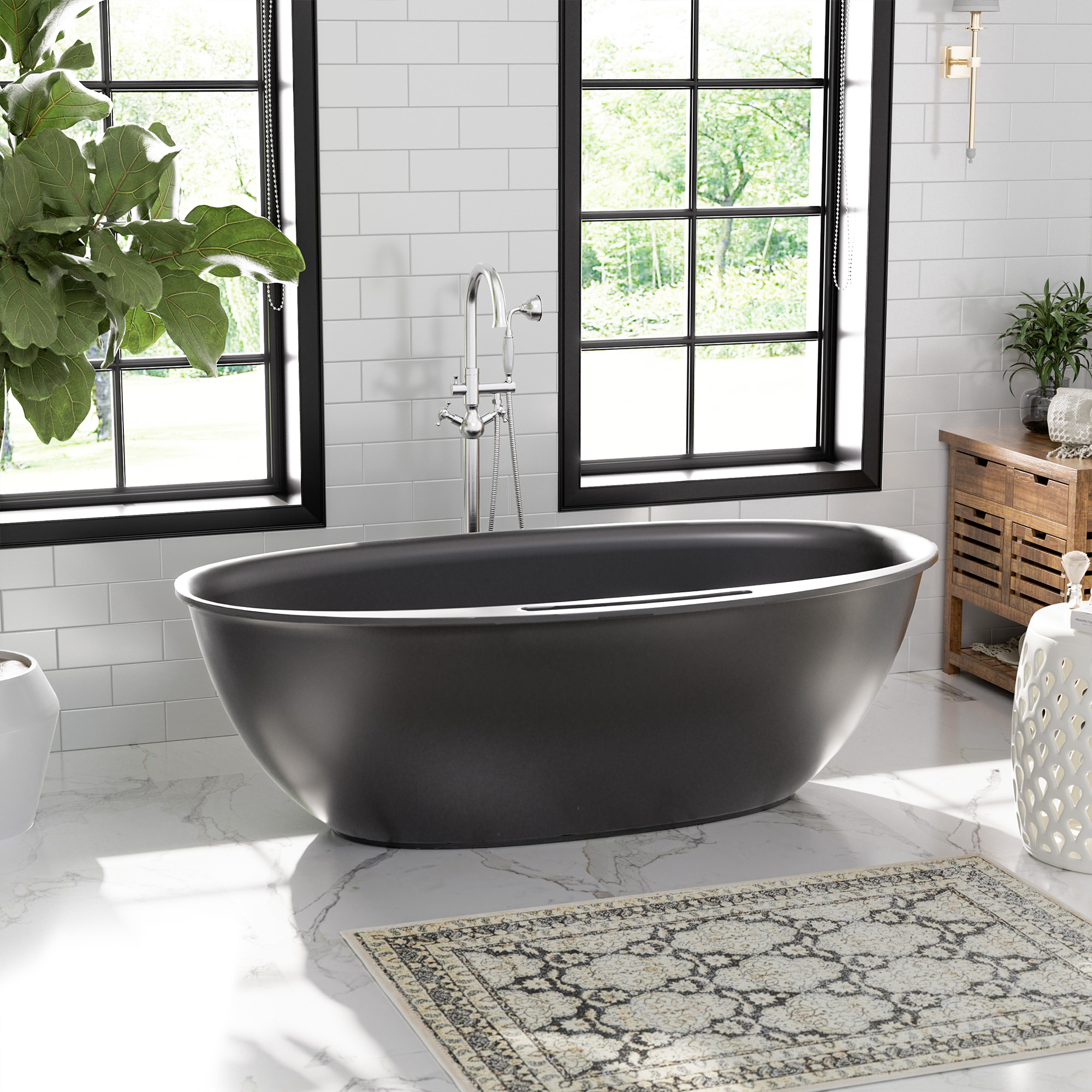 Matte white 67-inch artificial stone freestanding bathtub, hand-polished, with drainer + drain cover + drain pipe