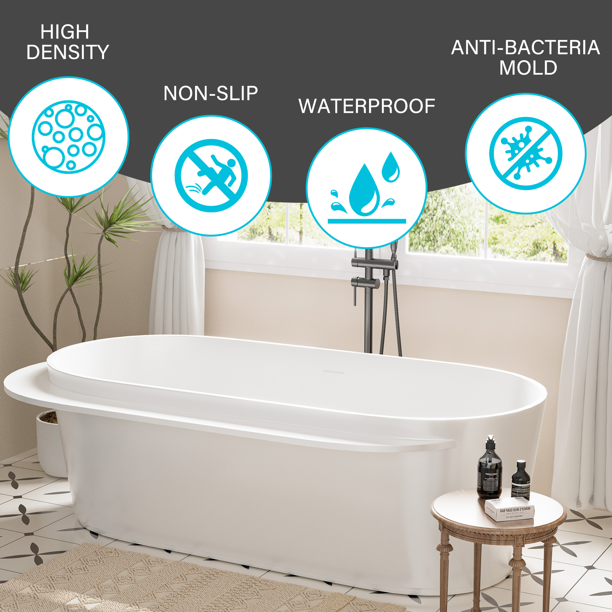 71 in. x 33 in. Solid Surface Stone Resin Freestanding Soaking Bathtub with Center Drain, Drainer, Hose in Matte White