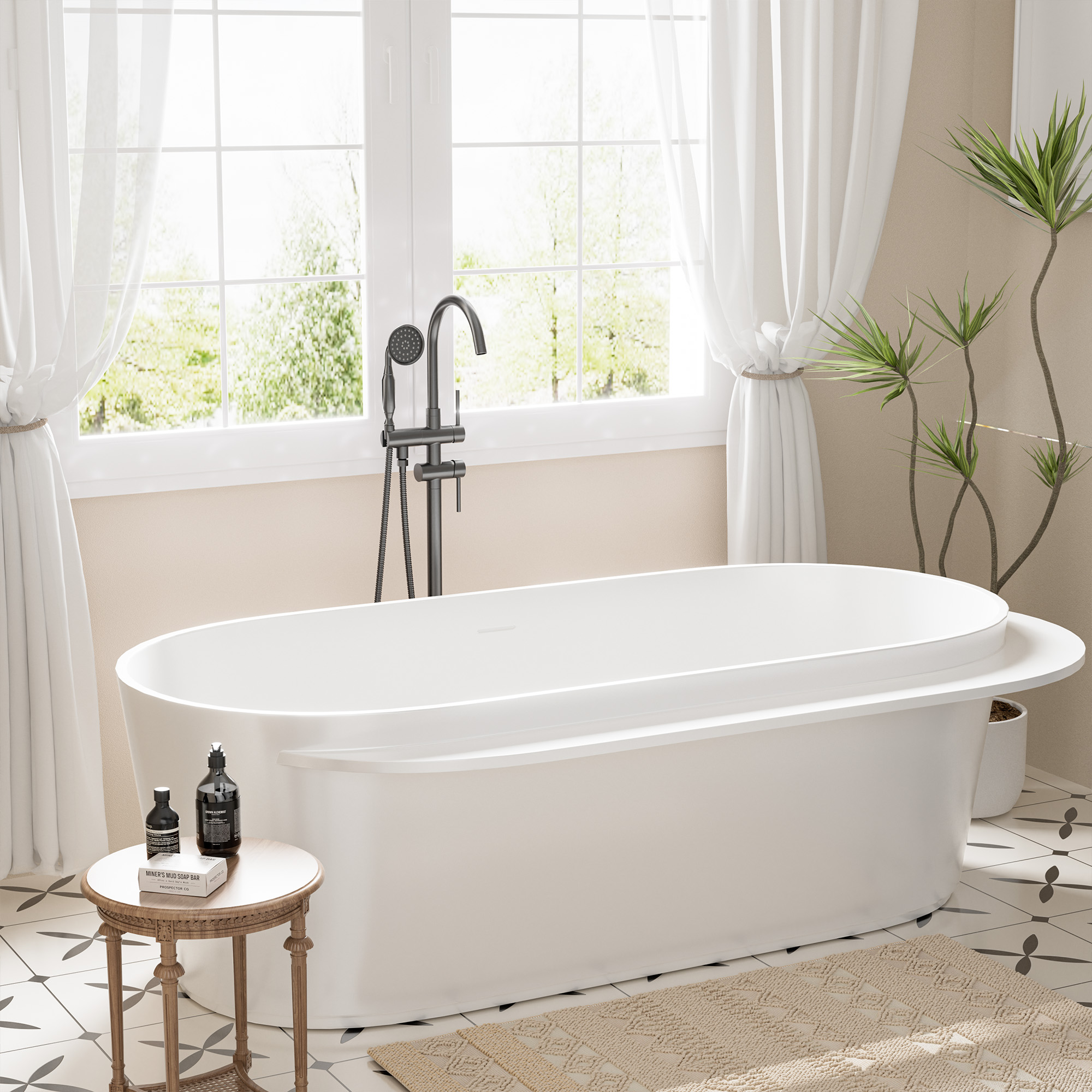 71 in. x 33 in. Solid Surface Stone Resin Freestanding Soaking Bathtub with Center Drain, Drainer, Hose in Matte White