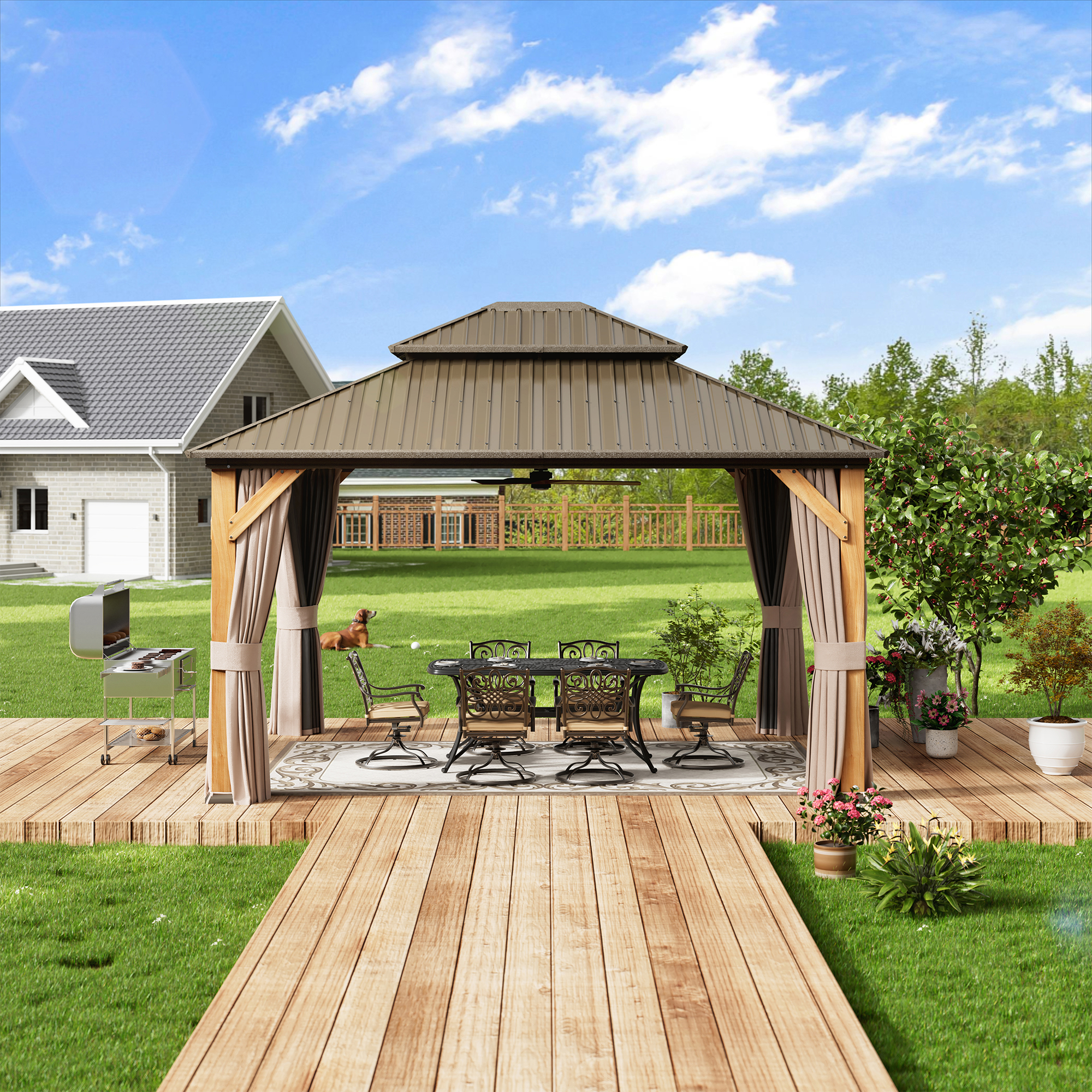 Cedar Frame Hard Top Gazebo with Galvanized Steel Double Roof, Curtain and Net, Outdoor Wooden Gazebo Pergola for Patio Lawn Backyard