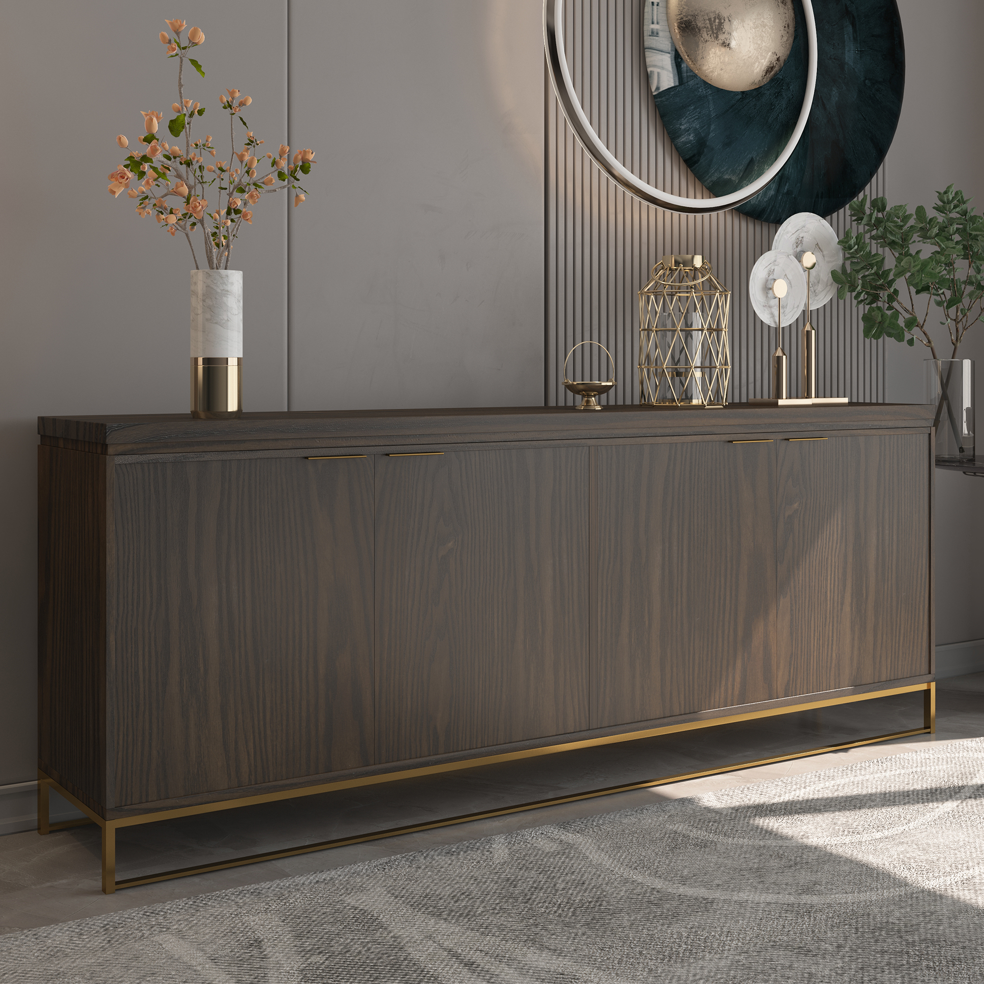 Dark Brown/White MDF 4-Door 81.5 in. Modern Buffet Sideboard Dining Table with Stainless Steel Brushed Gold Legs
