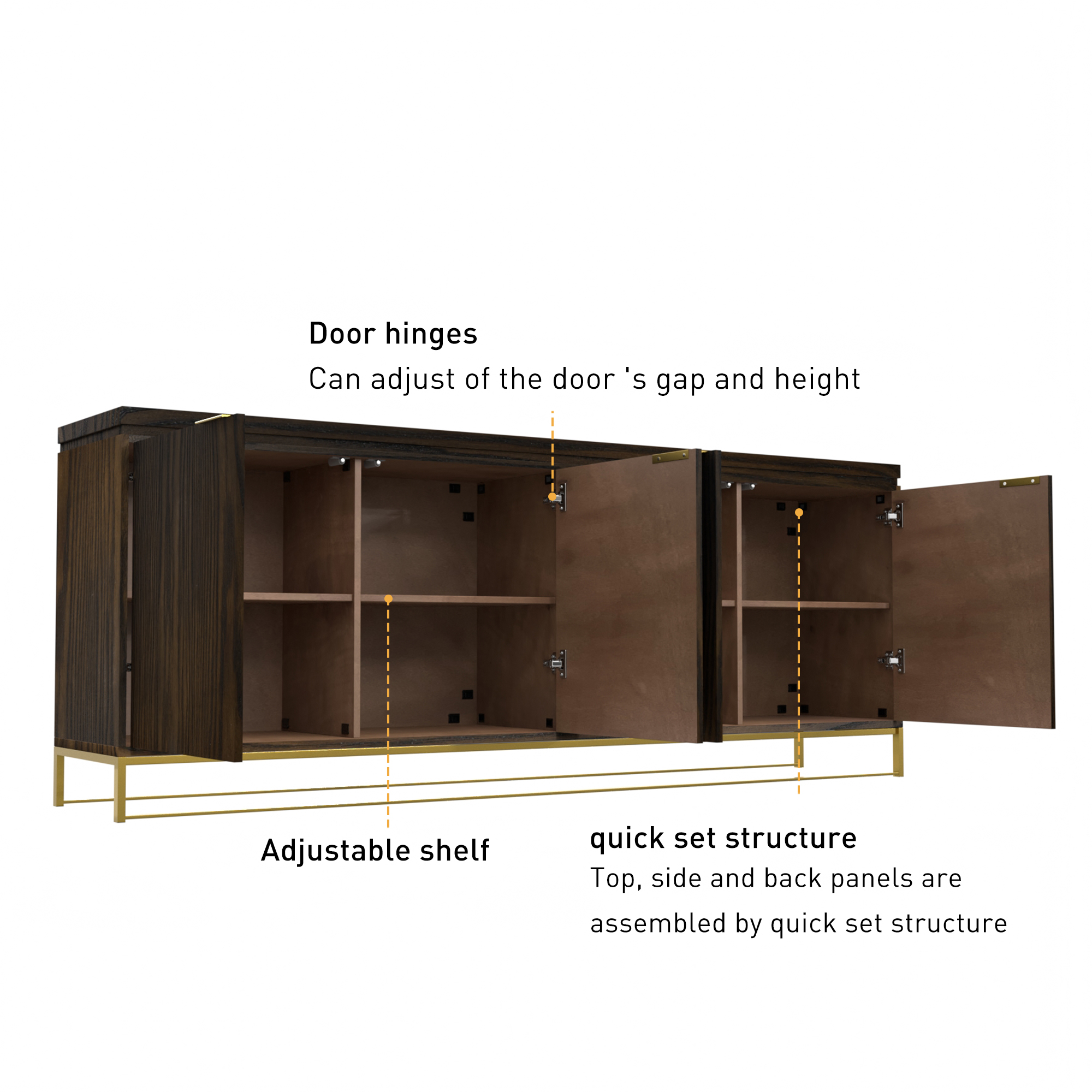 Dark Brown/White MDF 4-Door 81.5 in. Modern Buffet Sideboard Dining Table with Stainless Steel Brushed Gold Legs