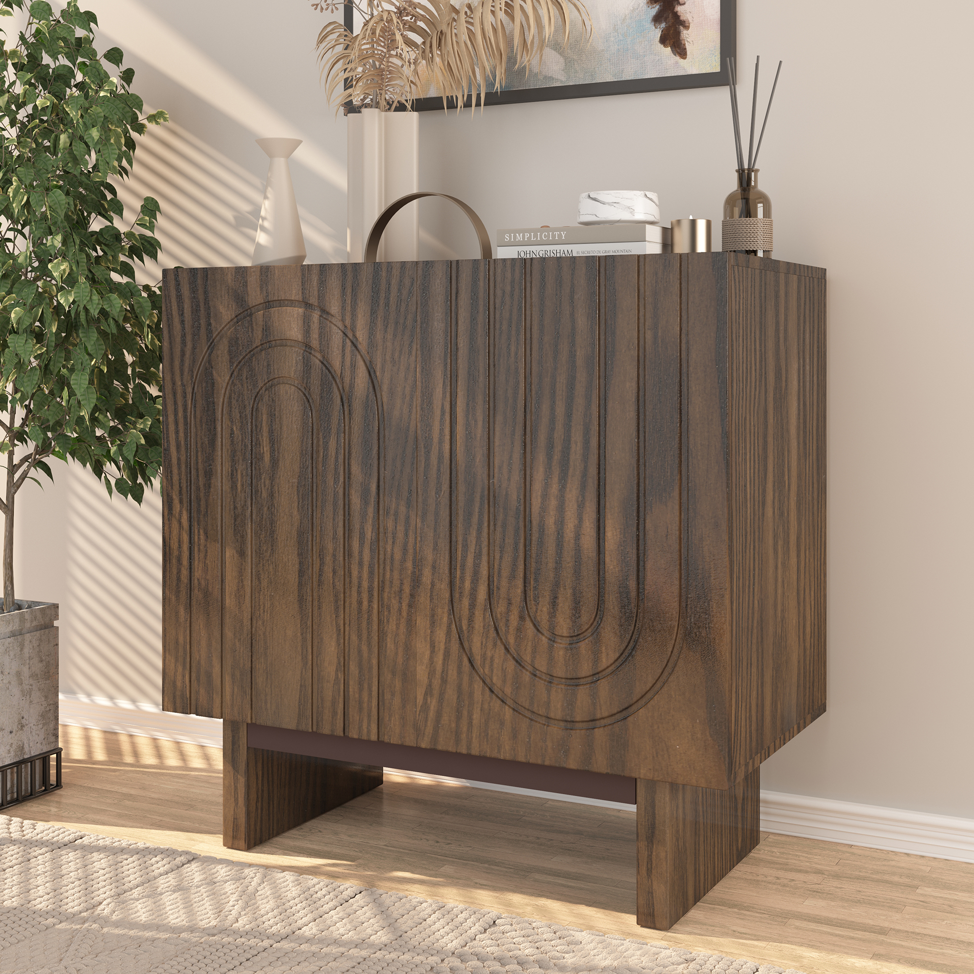 Dark Brown/White MDF 2-Door 31.5 in. Wood Grain Buffet Sideboard For Living Room, Foyer and Kitchen-Dining Room