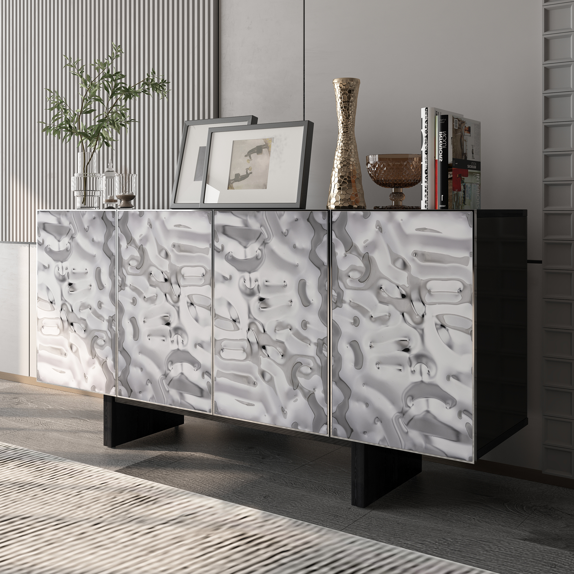 Silver MDF 2-Door/4-Door Wood 62.99 in. Buffet Sideboard Dining Table For Living Room, Foyer and Kitchen-Dining Room