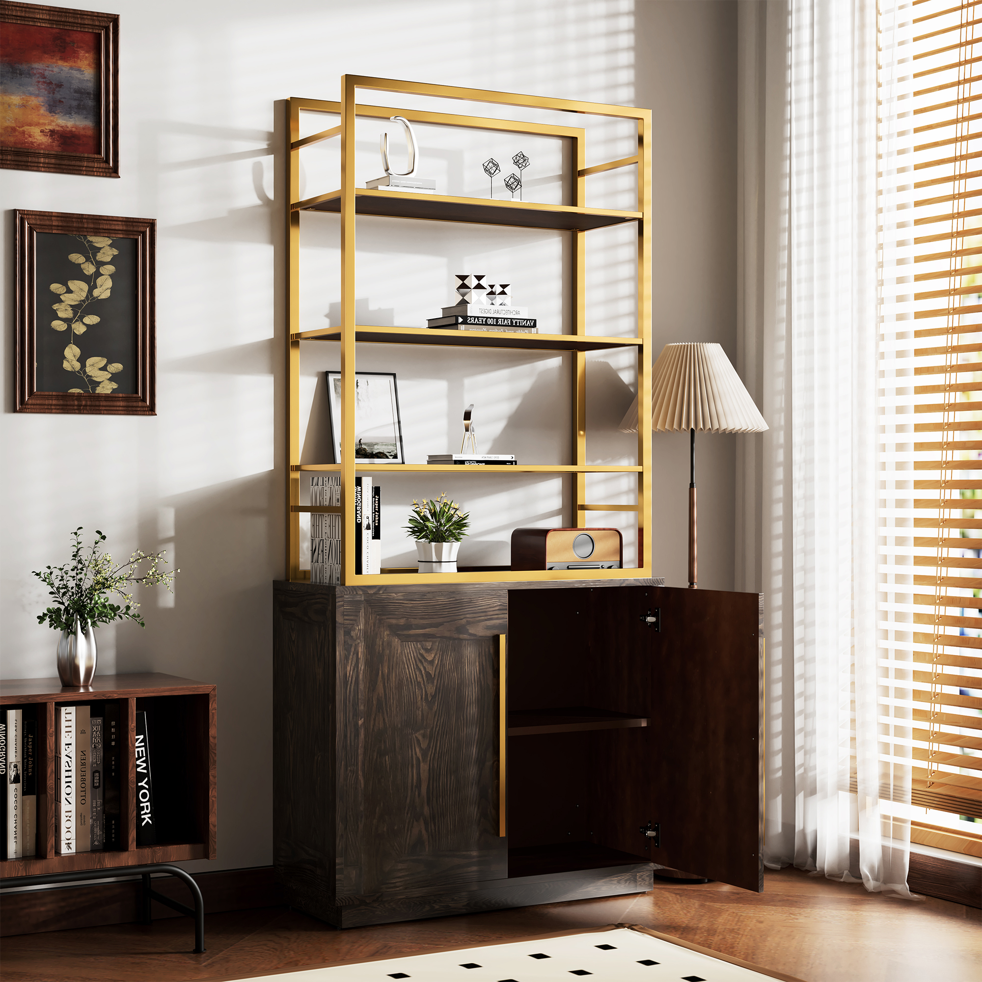 79 in. Tall Vertical Storage Space Gold Stainless Steel Bookshelf Bookcase With Cabinet