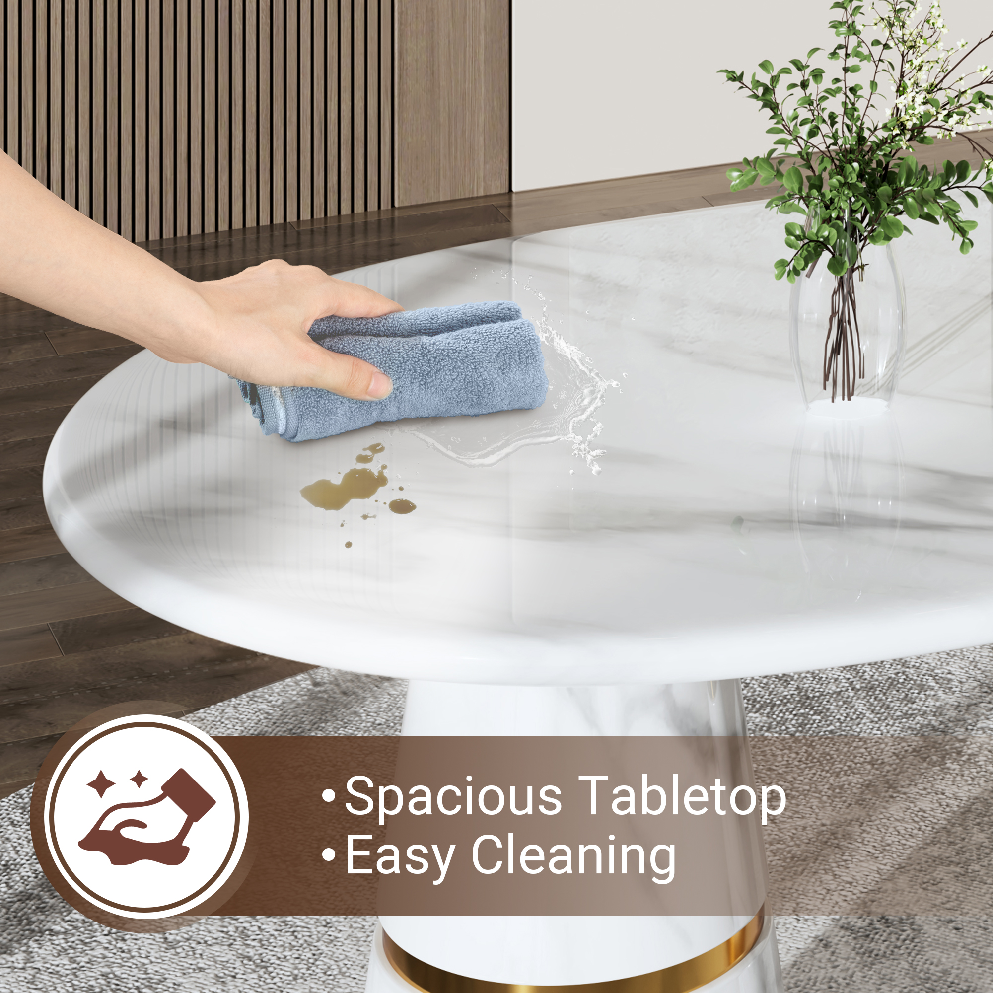 White Marble Top 70 in. W Conical Base Column Dining Table Seats-6 with Adjustable Foot Nails