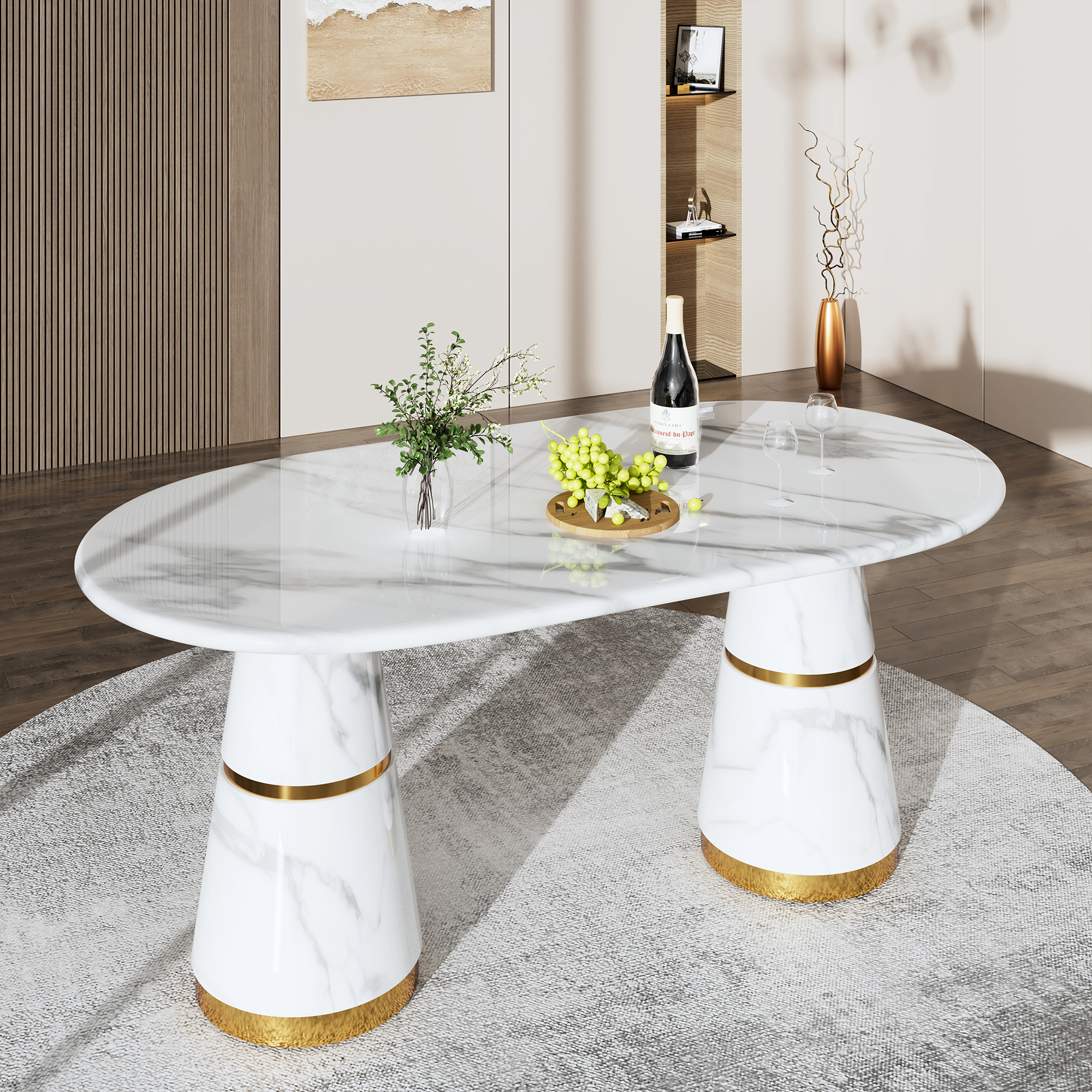 White Marble Top 70 in. W Conical Base Column Dining Table Seats-6 with Adjustable Foot Nails