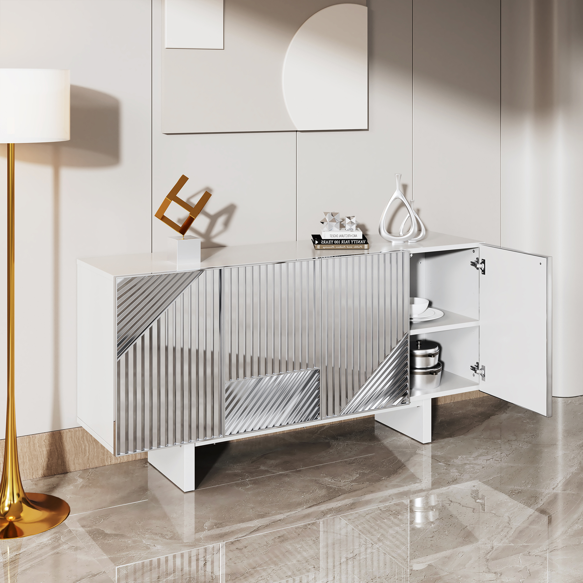 62.99-in W 4-Door White/Silver Accent Cabinet