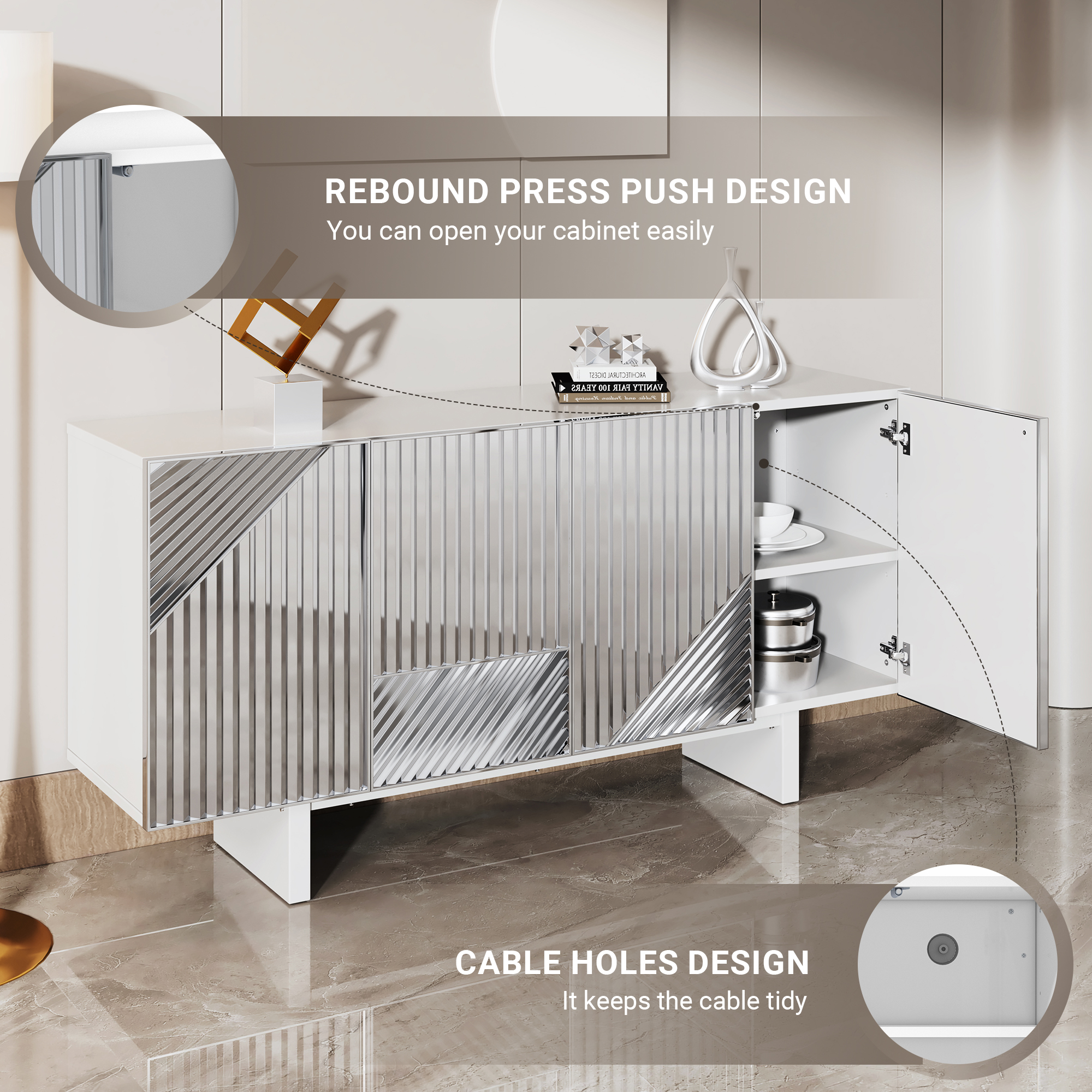 62.99-in W 4-Door White/Silver Accent Cabinet