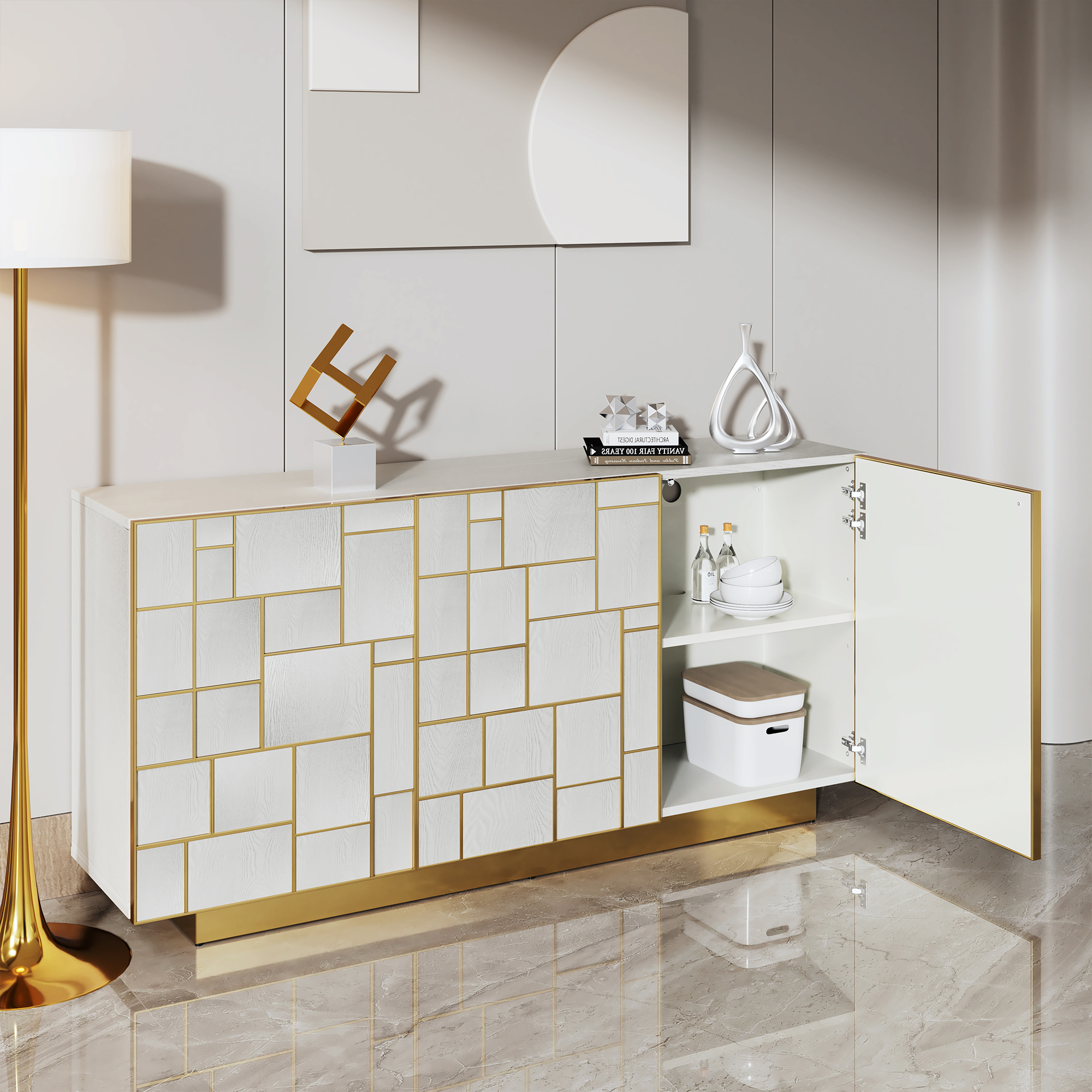 White MDF 70.87 in. Buffet Sideboard Dining Table Metal 3 Door Storage Cabinet