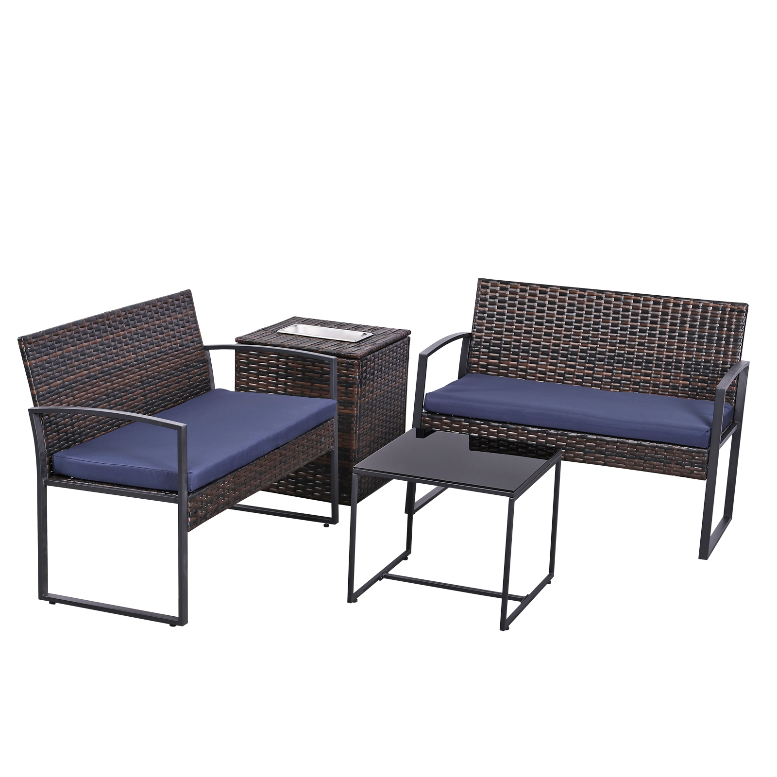 4-Piece Outdoor Patio Set with Ice Bucket Table – PE Rattan Double Chairs & Coffee Table Conversation Set with Storage, Waterproof Cushions, 5 Color Options