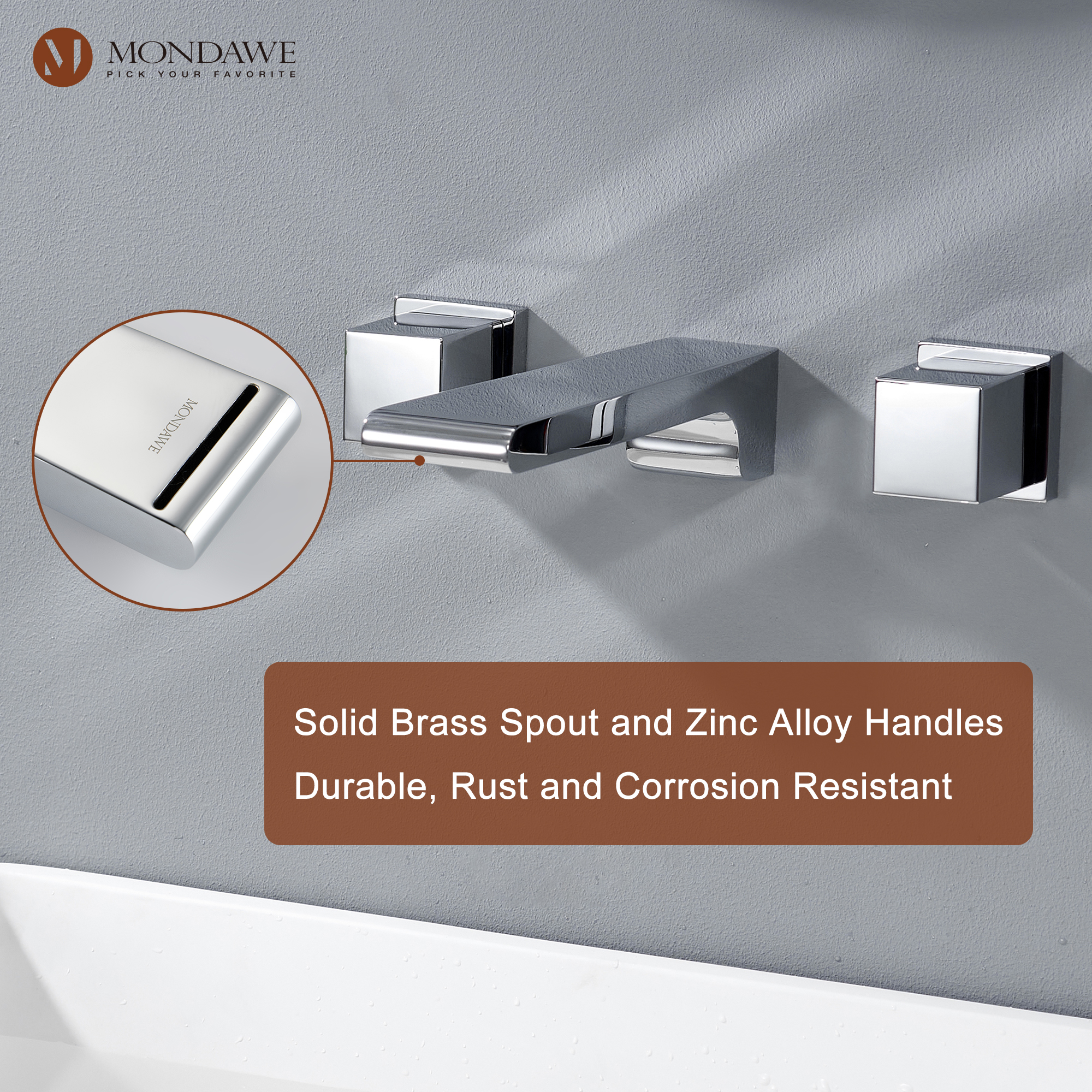 Mondawe Spot Free Widespread Wall Mount 3-Hole Sink  Water Tap with Double Handle-Mondawe