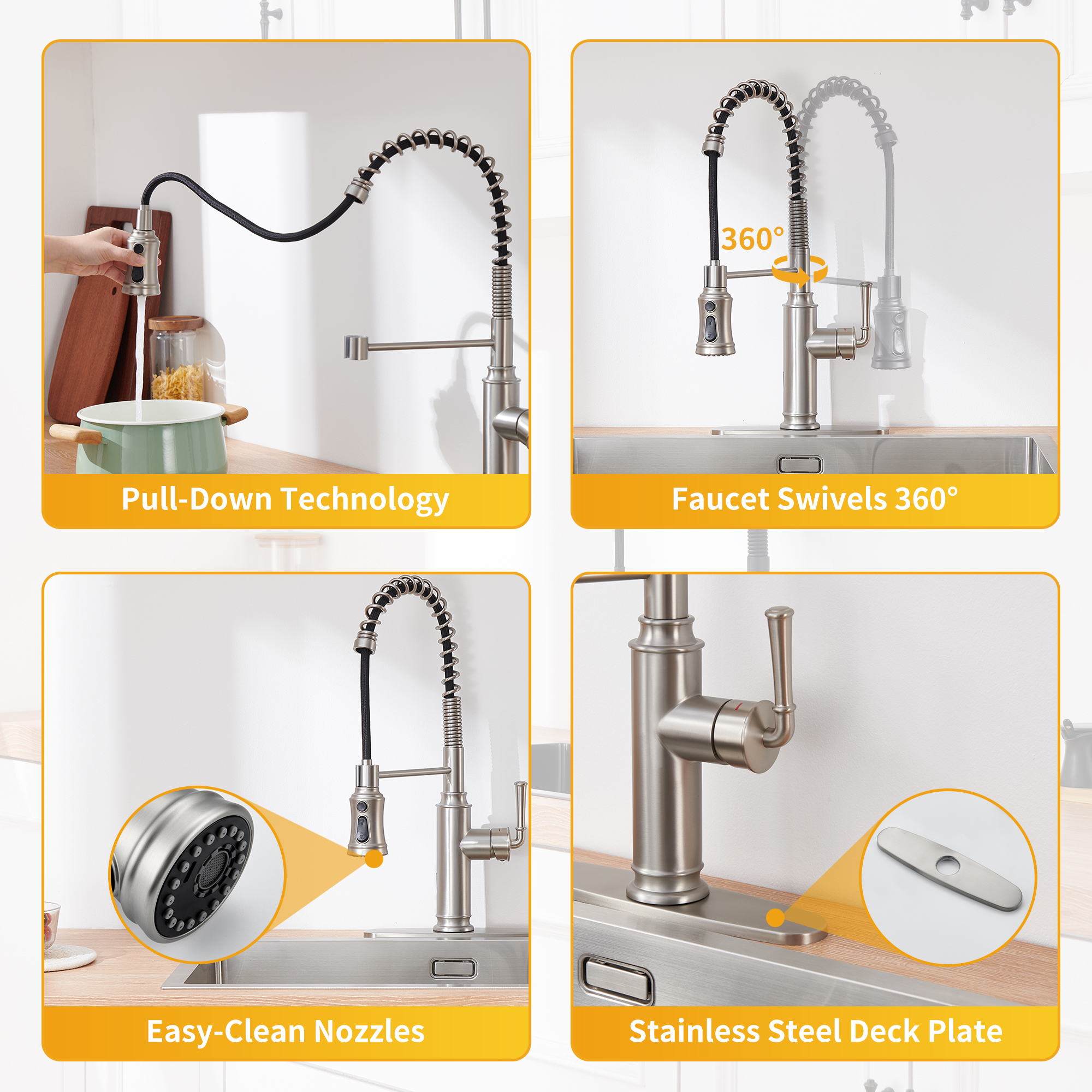 Mondawe Kitchen Faucets Commercial Single Handle Single Lever Pull Down Sprayer Spring Kitchen Sink Faucet