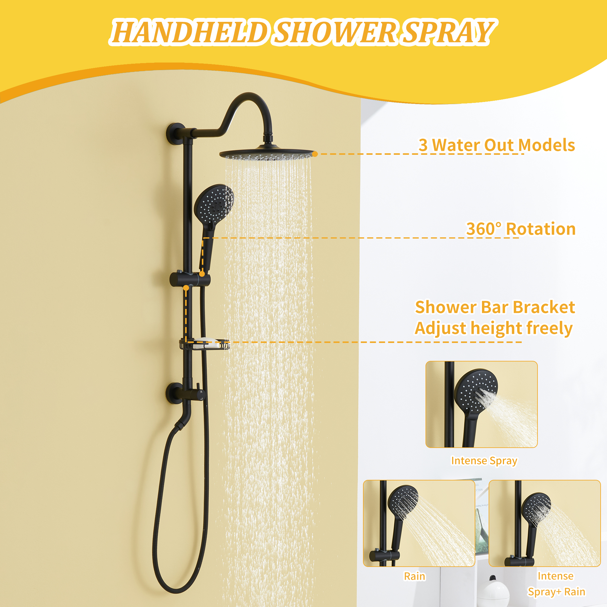 Mondawe ShowerSpas Shower System, with 10" Rain Showerhead, 4-Function Hand Shower, Adjustable Slide Bar and Soap Dish, Matte Black Finish