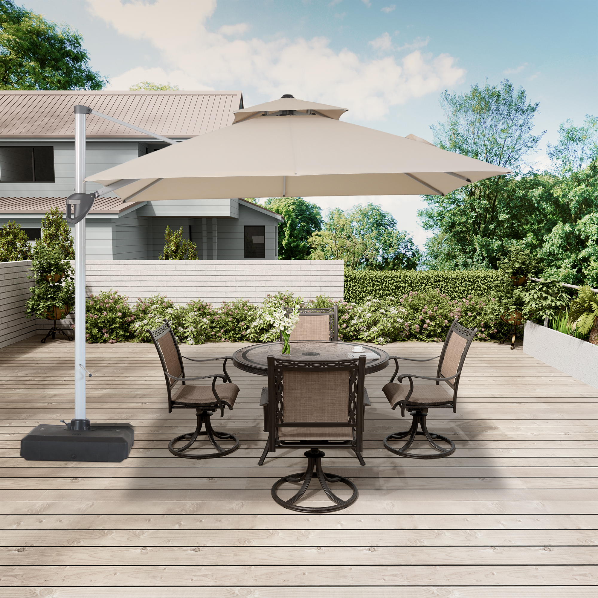 10/11ft Square Cantilever Patio Umbrella with 5 Adjustable Angles, Outdoor Sunshade with Base for Deck, Garden, or Pool