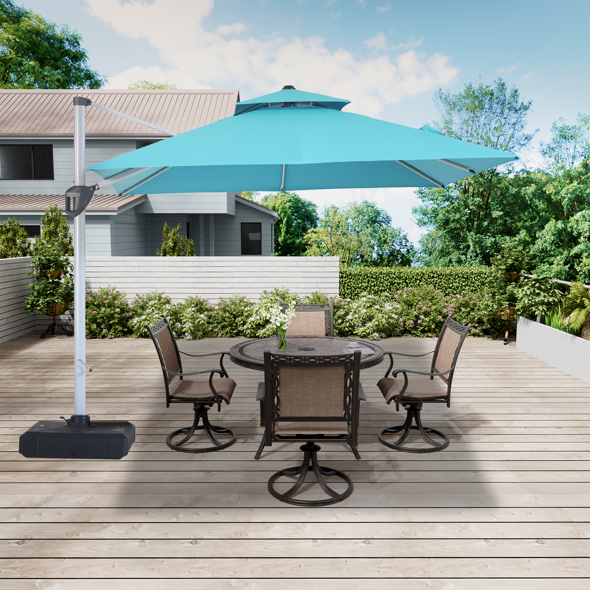 10/11ft Square Cantilever Patio Umbrella with 5 Adjustable Angles, Outdoor Sunshade with Base for Deck, Garden, or Pool