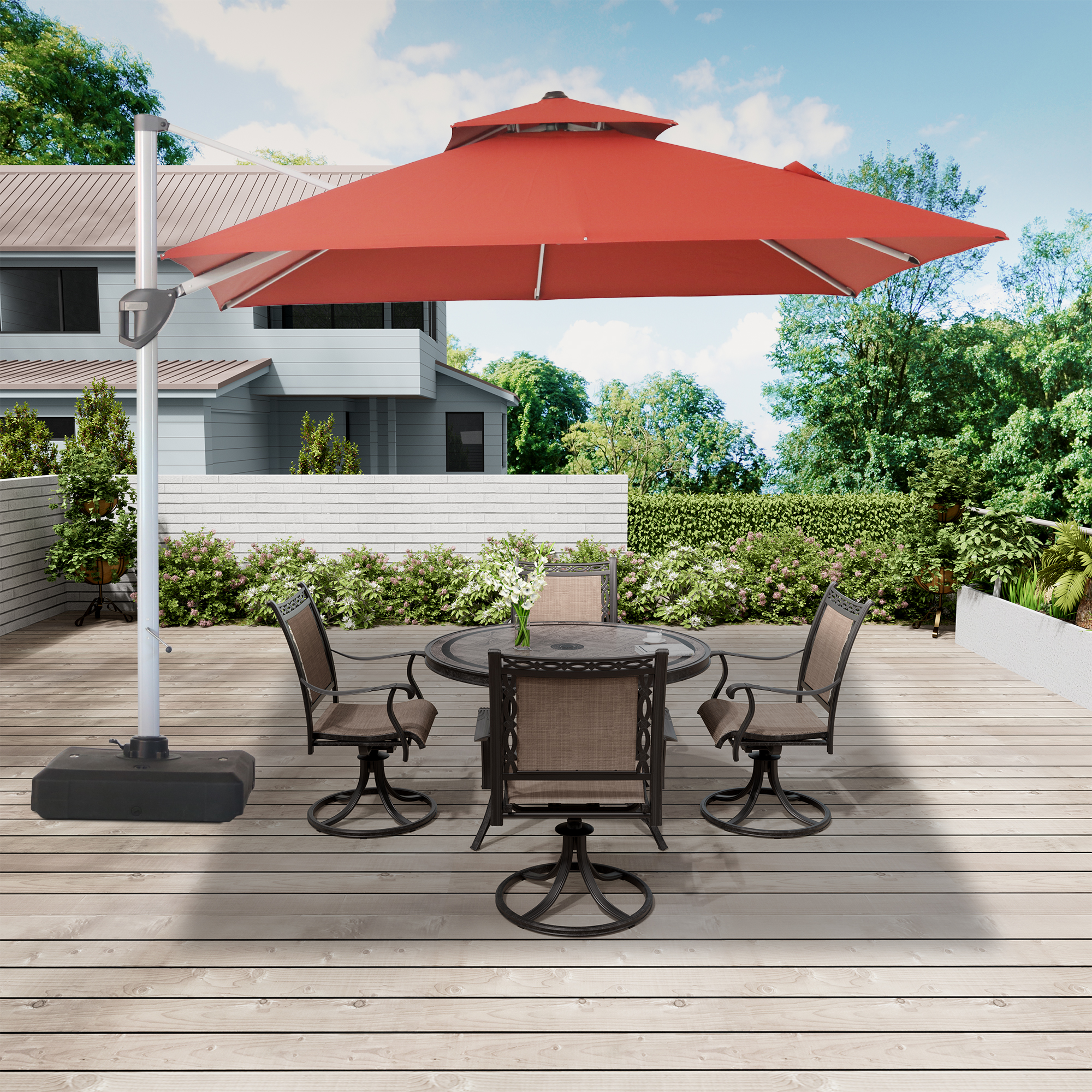 10/11ft Square Cantilever Patio Umbrella with 5 Adjustable Angles, Outdoor Sunshade with Base for Deck, Garden, or Pool