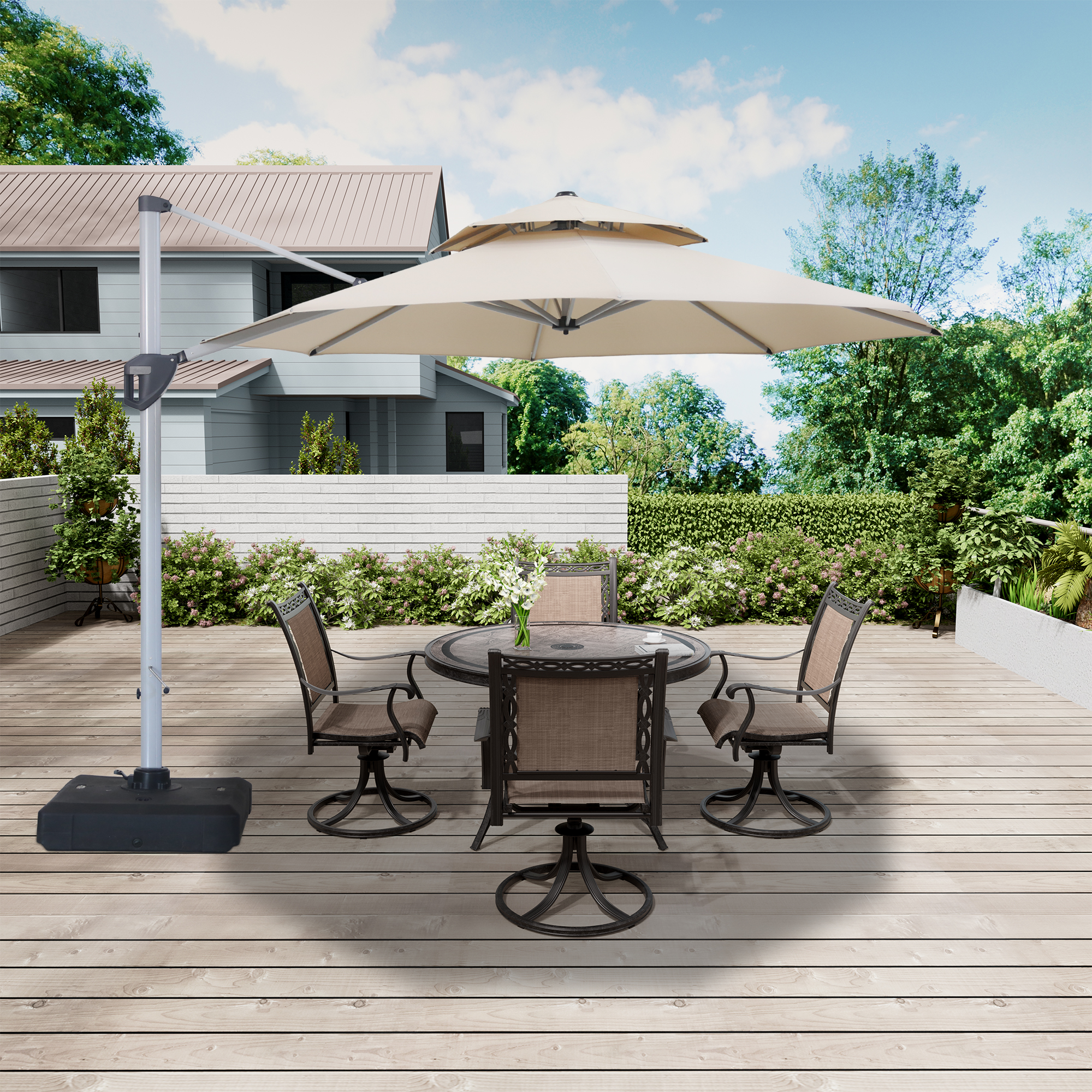 10/11ft Square Cantilever Patio Umbrella with 5 Adjustable Angles, Outdoor Sunshade with Base for Deck, Garden, or Pool