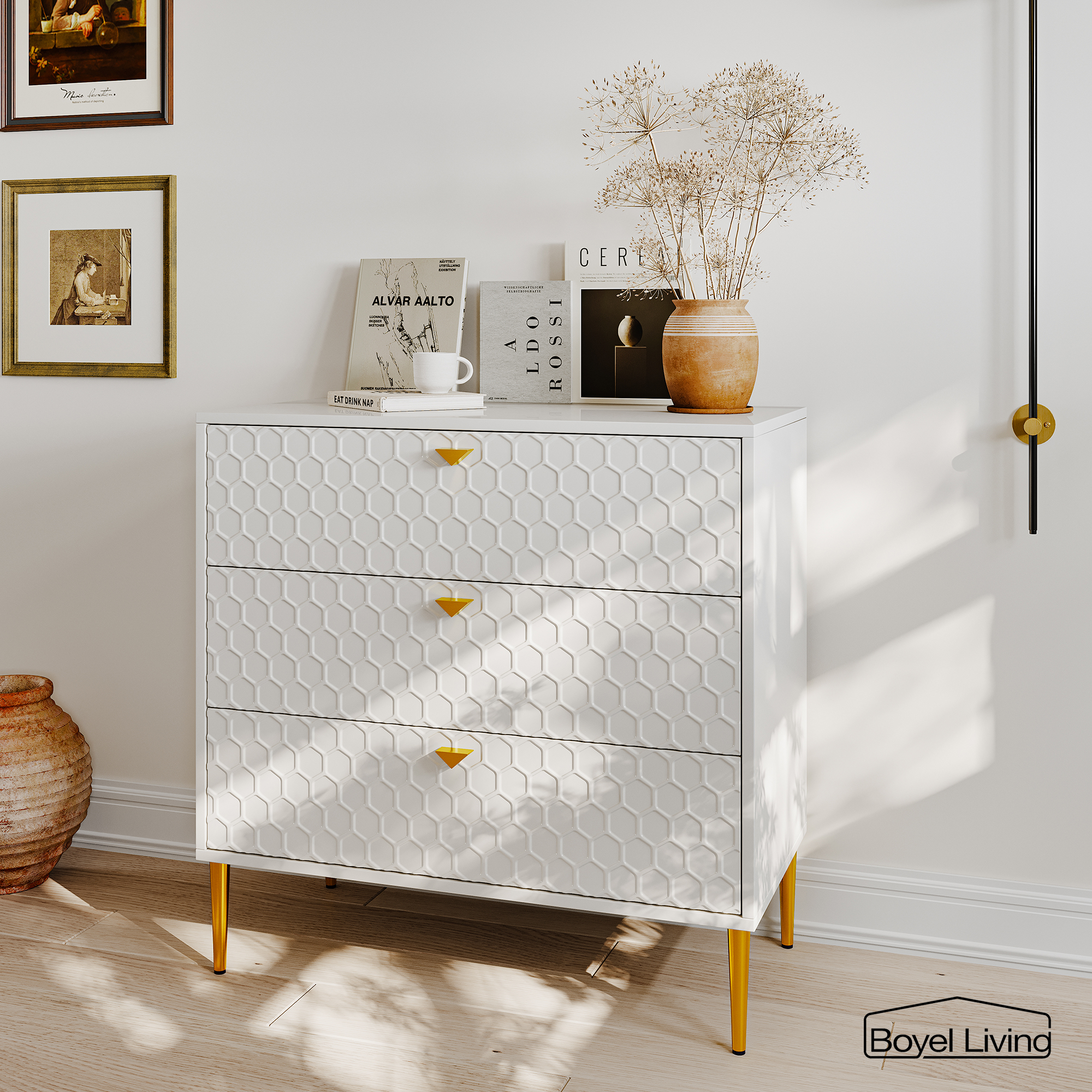 3 Drawers Storage TV Stand Sideboard Decorated Cabinet