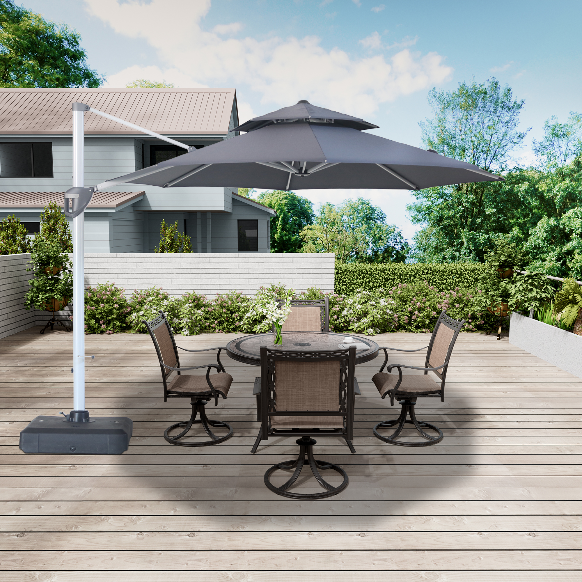 10/11ft Square Cantilever Patio Umbrella with 5 Adjustable Angles, Outdoor Sunshade with Base for Deck, Garden, or Pool