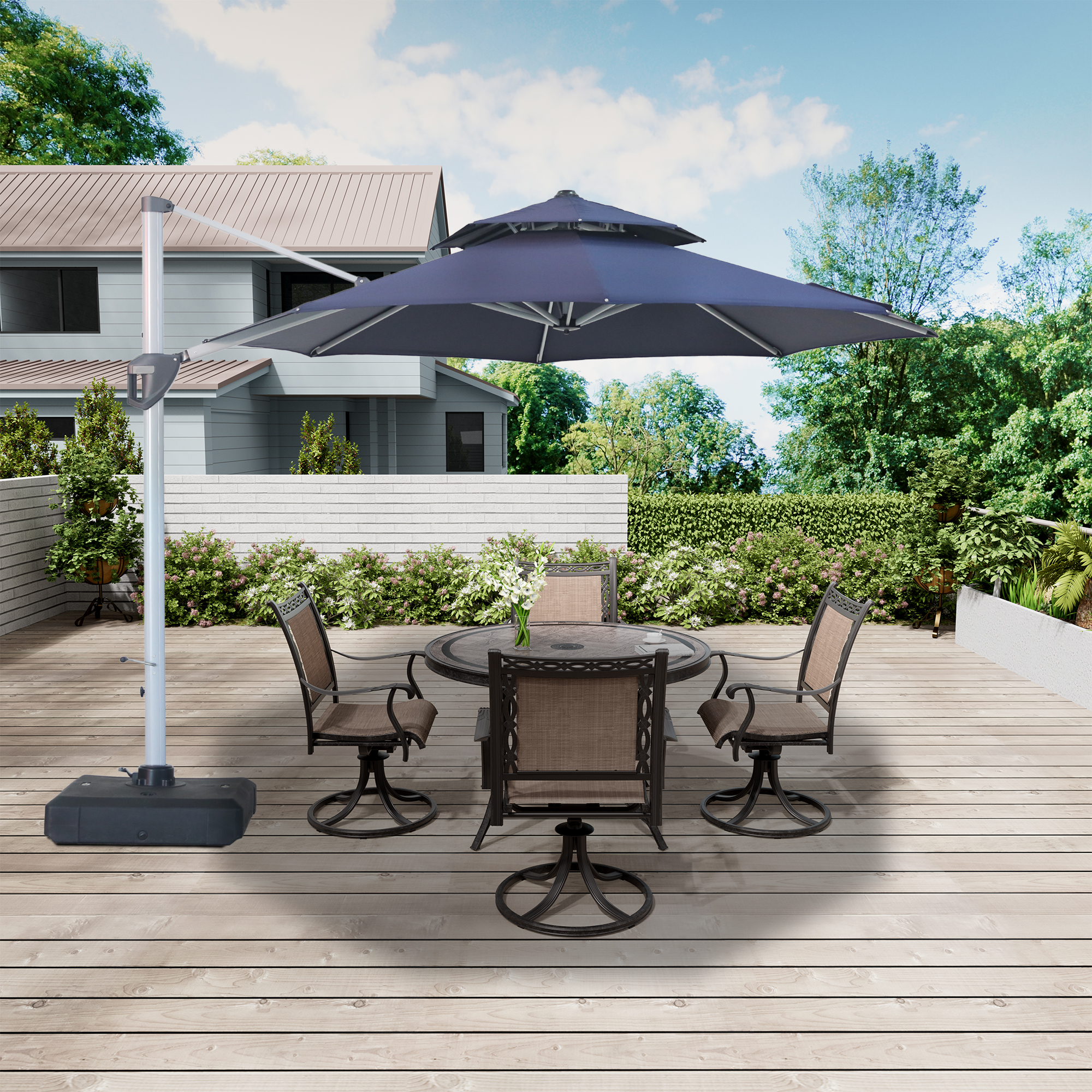 10/11ft Square Cantilever Patio Umbrella with 5 Adjustable Angles, Outdoor Sunshade with Base for Deck, Garden, or Pool