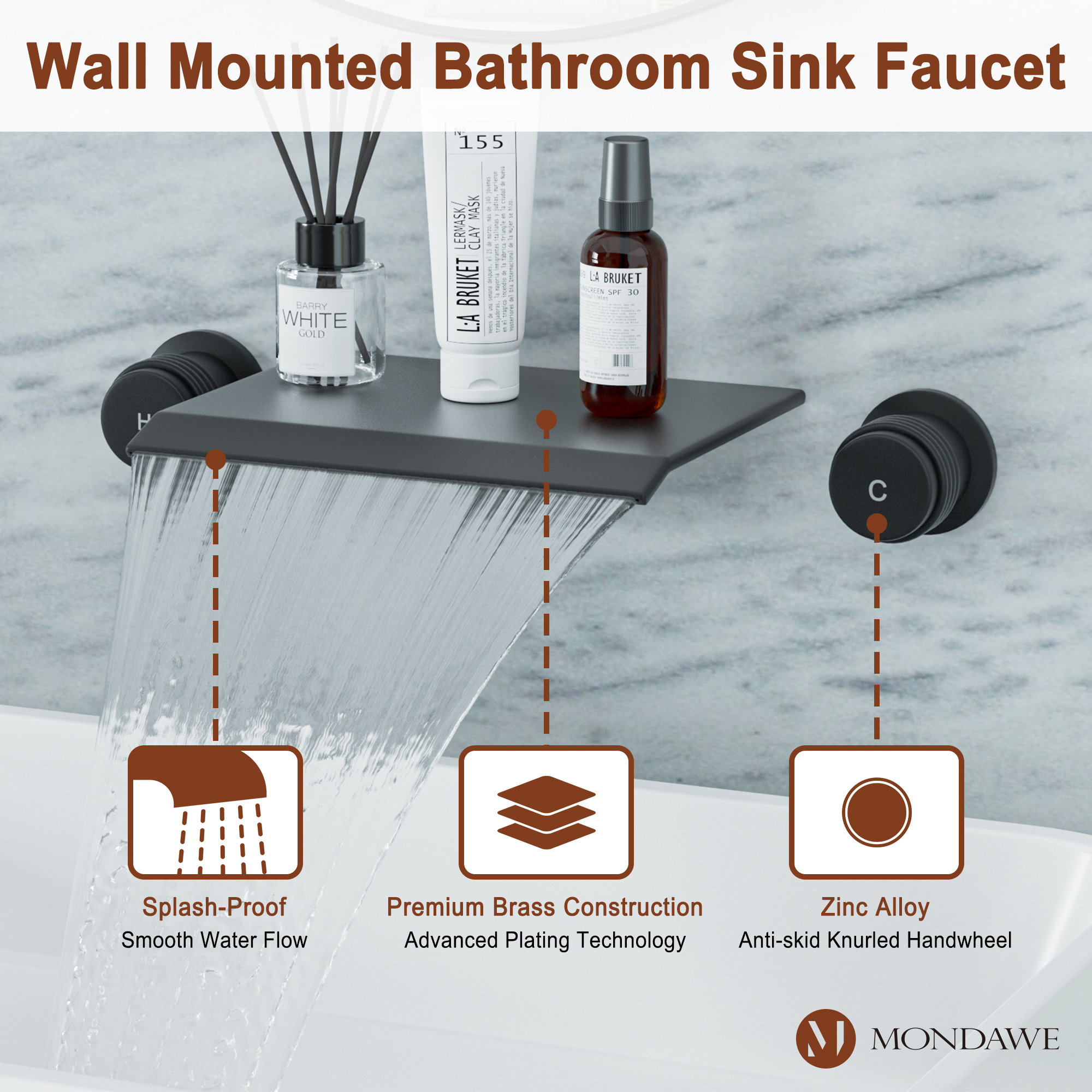 Wall Mount Sink Faucet Waterfall Roman Tub Filler Double-Handle Bathroom Basin Faucets with High Flow Rate