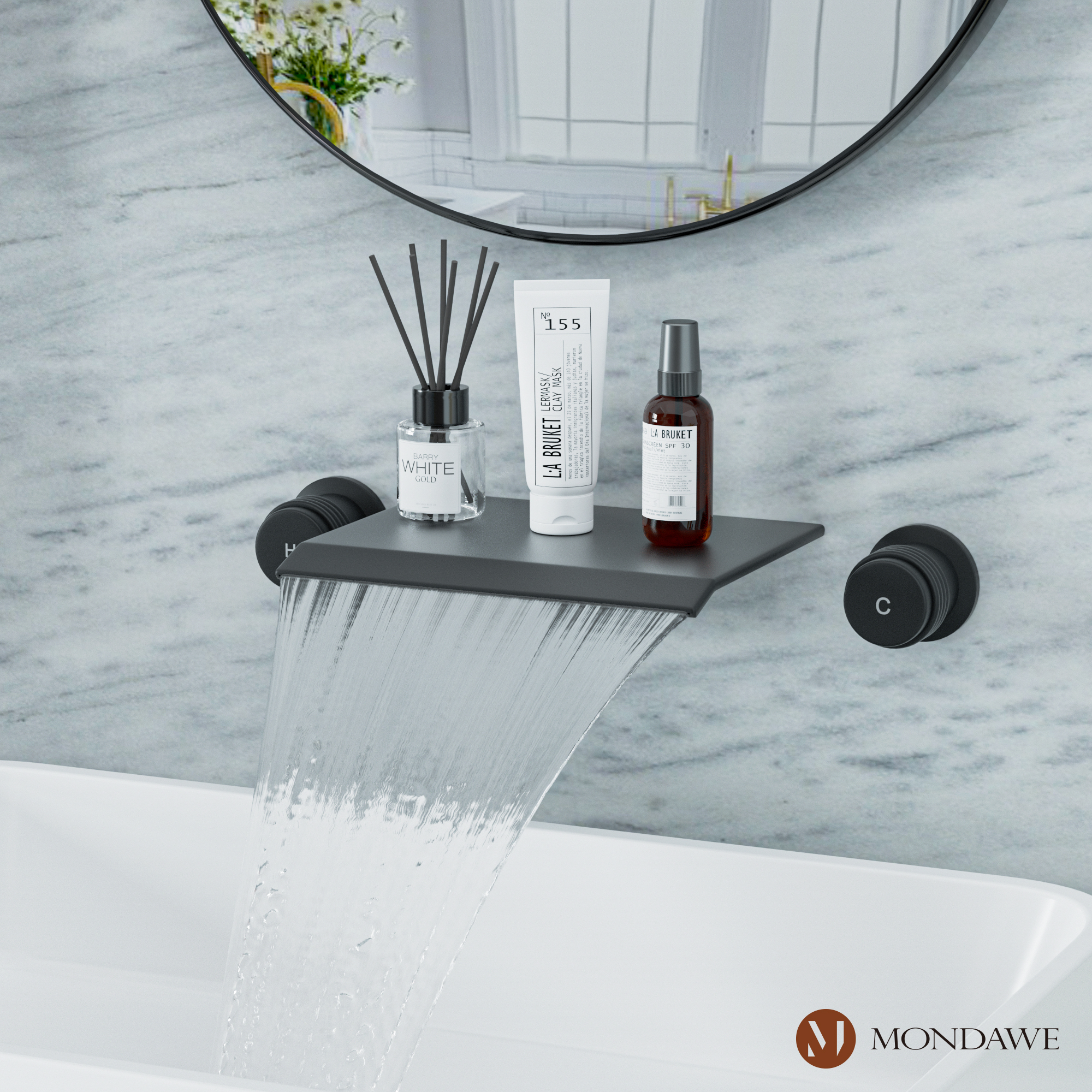 Wall Mount Sink Faucet Waterfall Roman Tub Filler Double-Handle Bathroom Basin Faucets with High Flow Rate