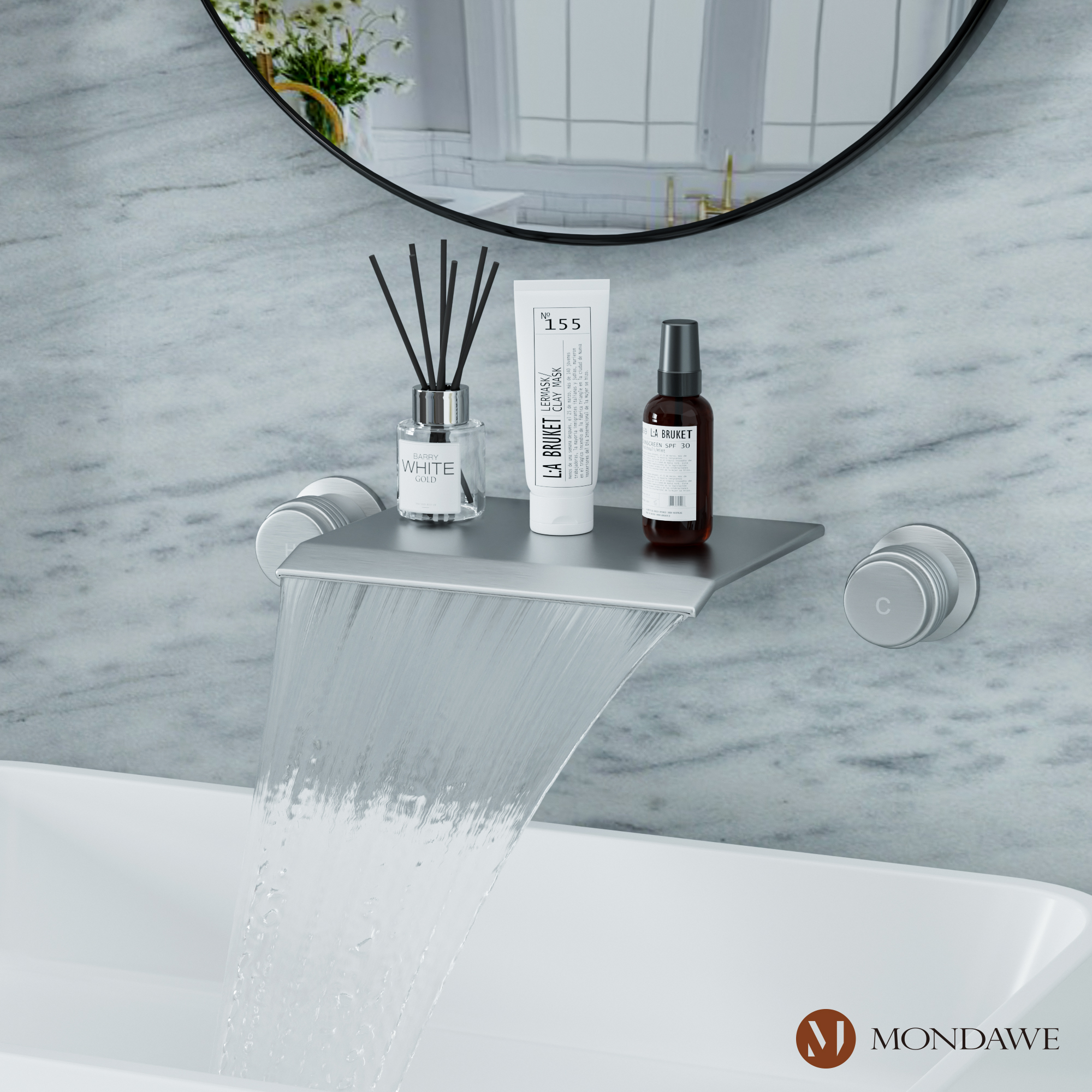 Wall Mount Sink Faucet Waterfall Roman Tub Filler Double-Handle Bathroom Basin Faucets with High Flow Rate