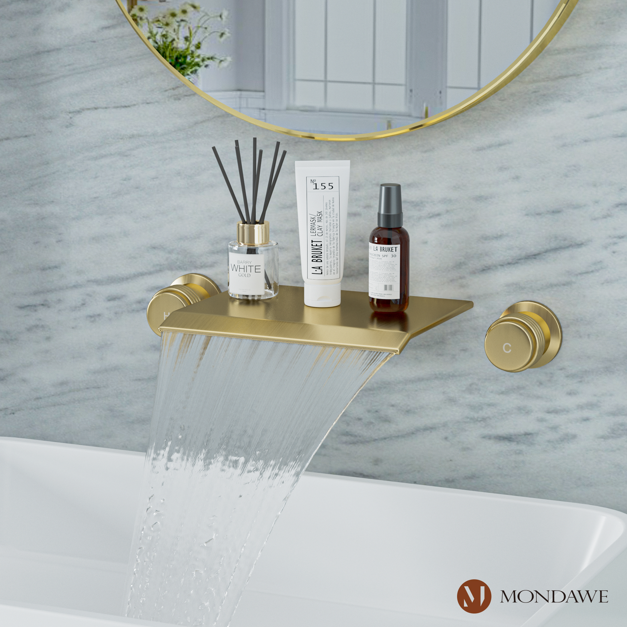 Wall Mount Sink Faucet Waterfall Roman Tub Filler Double-Handle Bathroom Basin Faucets with High Flow Rate