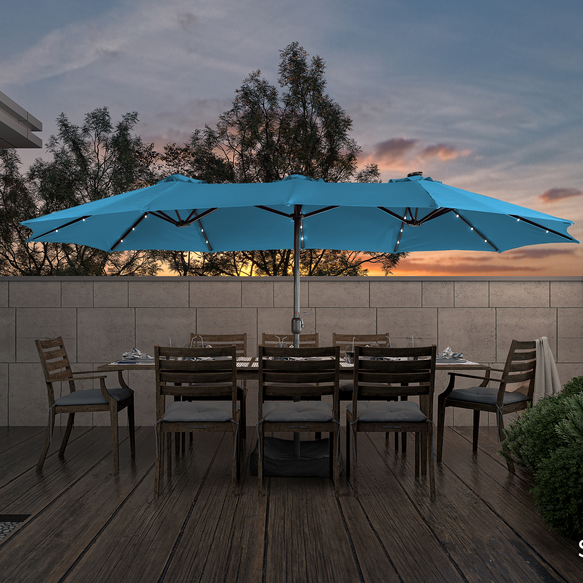 15ft Rectangular Patio Umbrella with Base and LED Lights