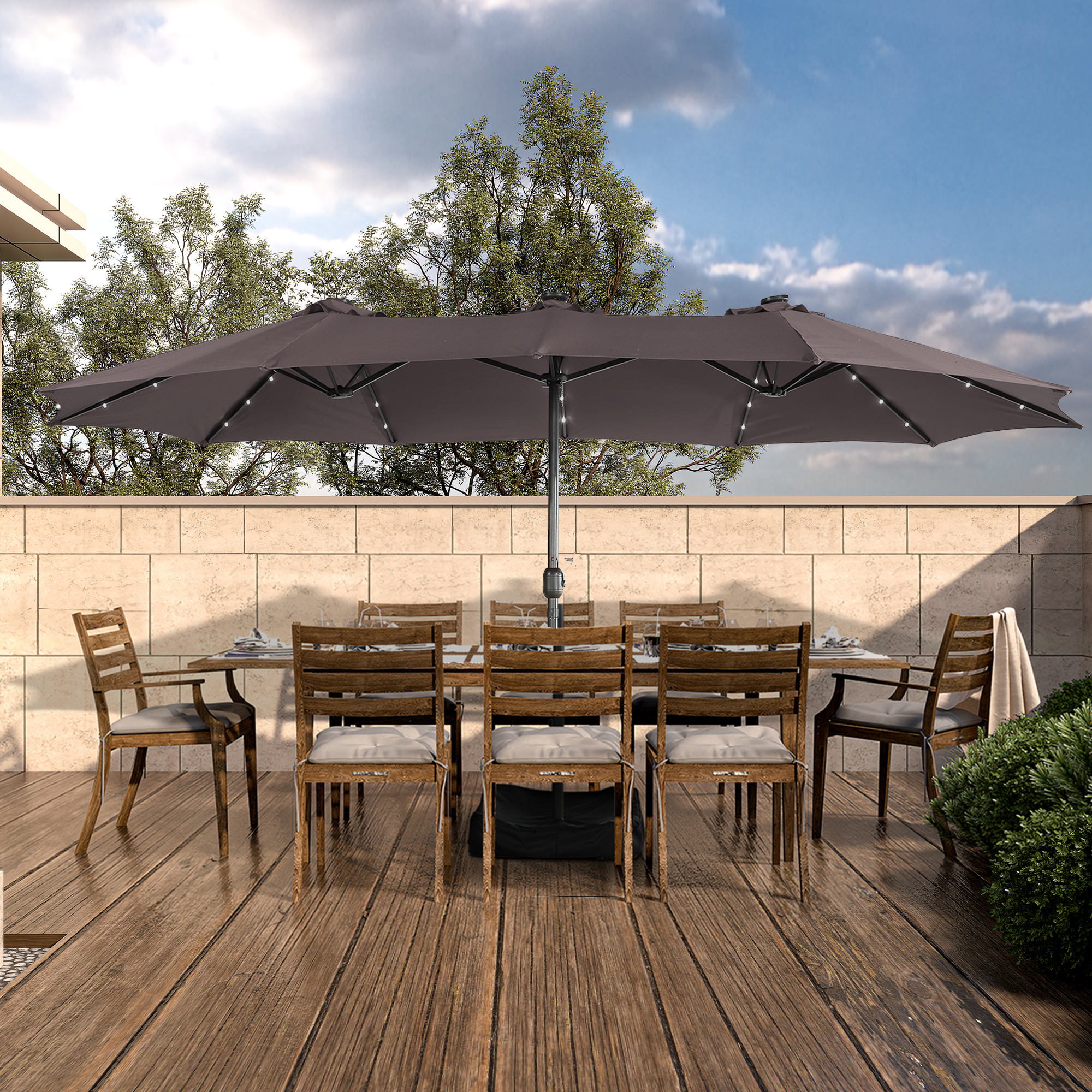 15ft Rectangular Patio Umbrella with Base and LED Lights